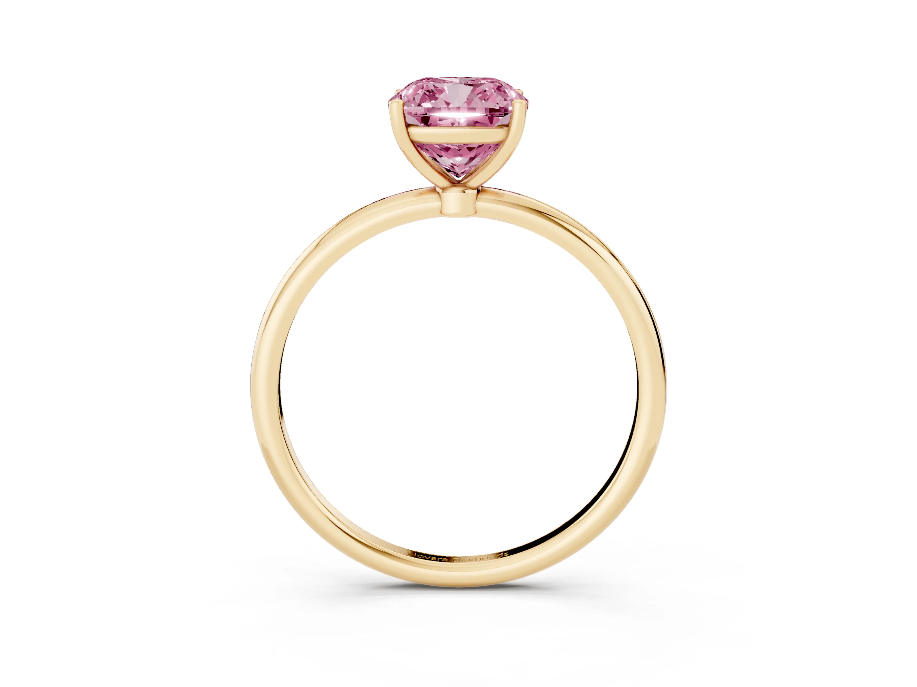 Fancy Pink Cushion Cut Diamond Solitaire Engagement Ring Set in Yellow gold with Thin Band and Prong Setting