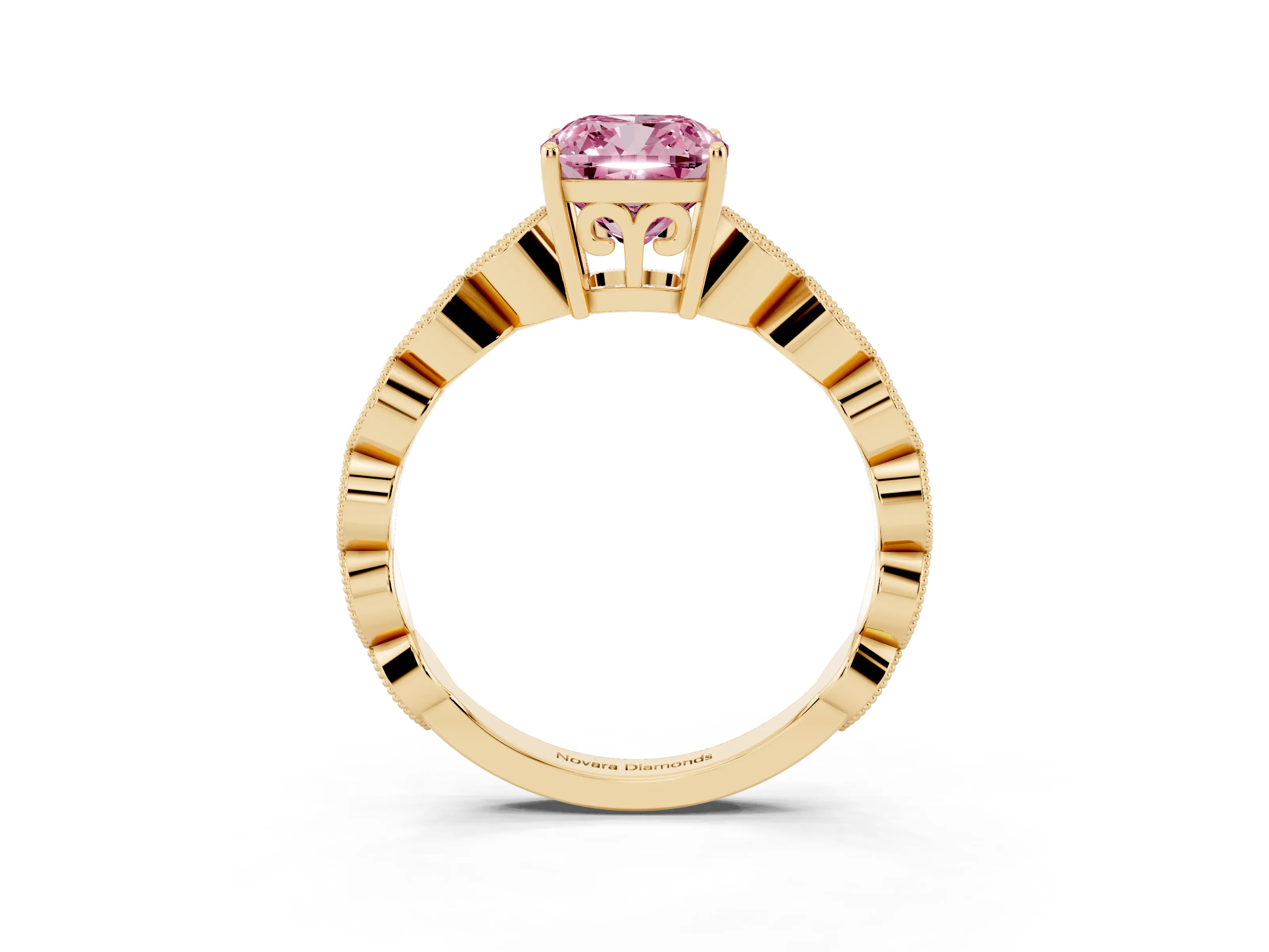 Fancy Pink Cushion Cut Diamond Solitaire Ring Set in Yellow gold with Infinity Twist Pavé Band