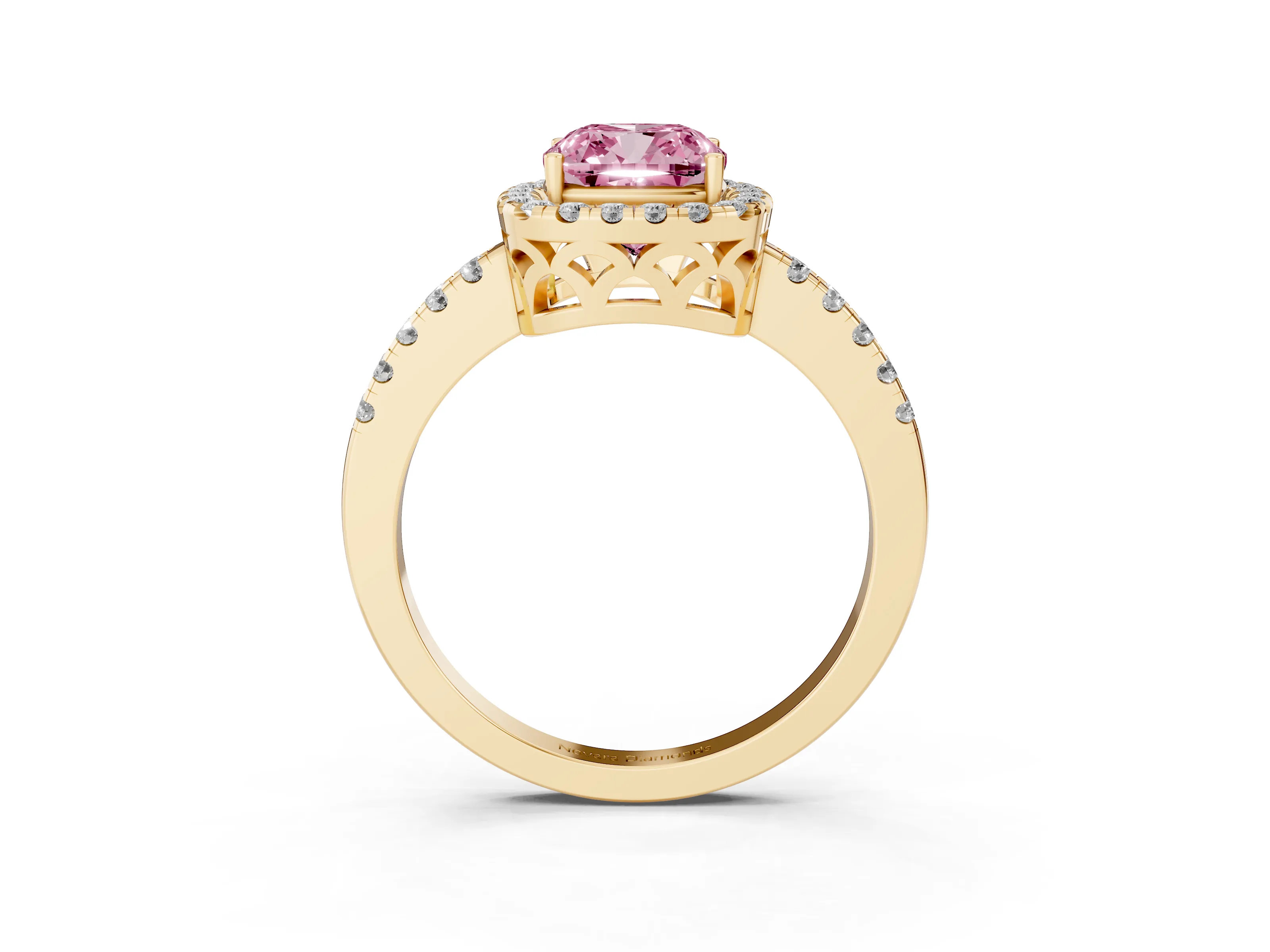 Fancy Pink Cushion Cut Diamond Pavé Band Halo Engagement Ring Set in Yellow gold with Prong Setting