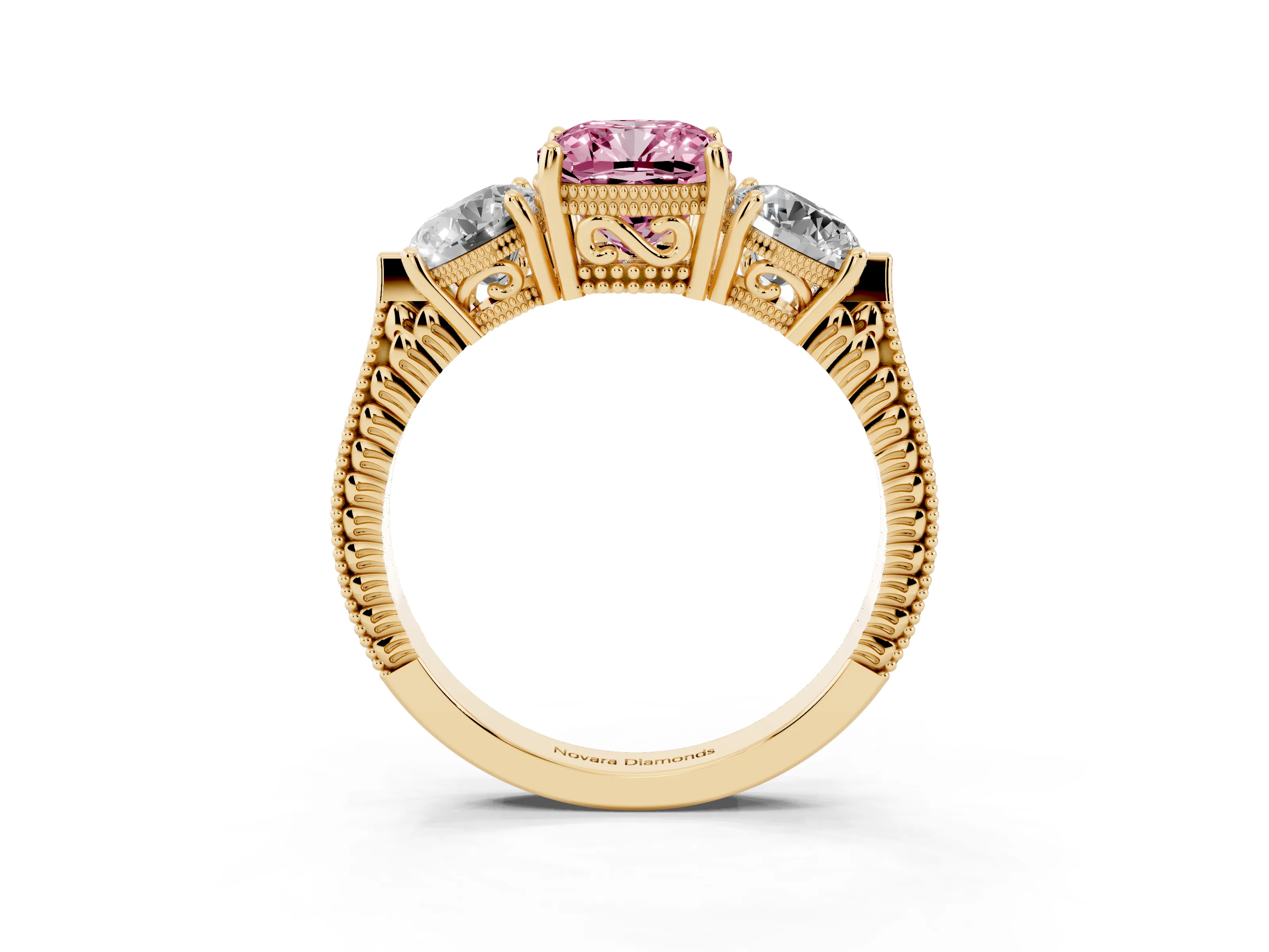 Fancy Pink Cushion Cut Diamond Three-Stone Ring Set in Yellow gold with Milgrain Band