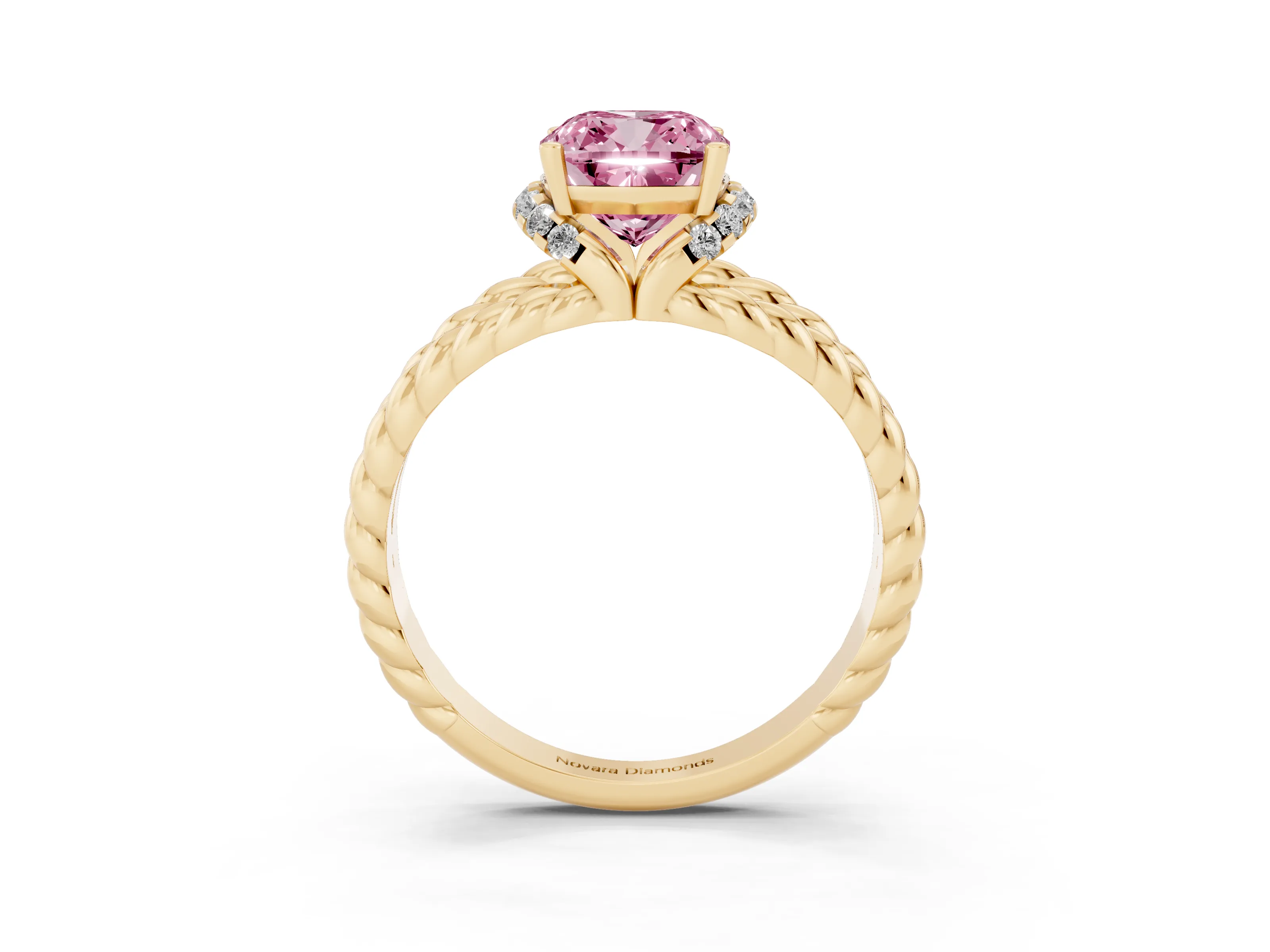 Fancy Pink Cushion Cut Diamond Halo Ring Set in Yellow gold with Twisted Band and Prong Setting