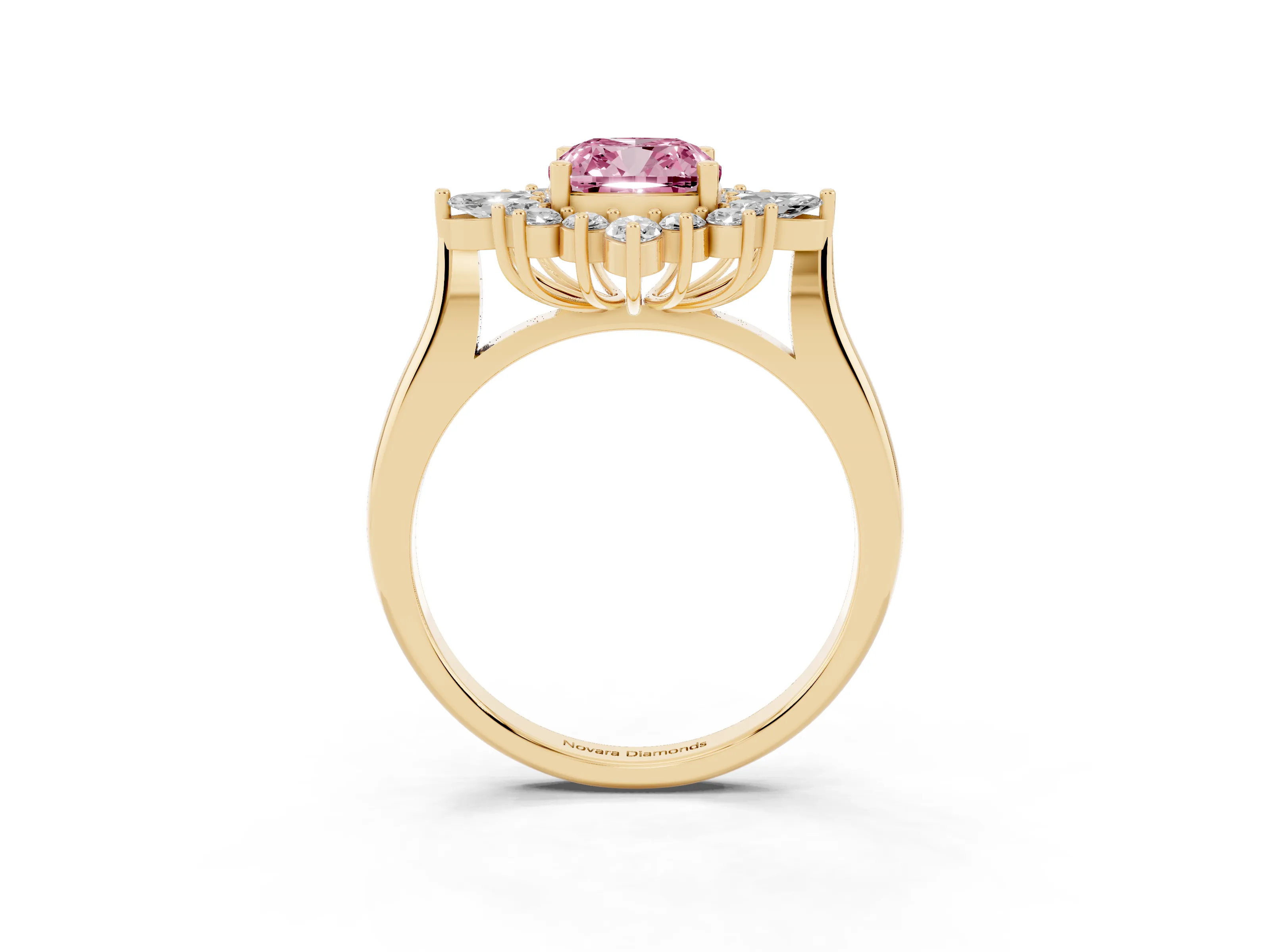 Fancy Pink Cushion Cut Diamond Cluster Halo Ring Set in Yellow gold with Marquise and Round Accents