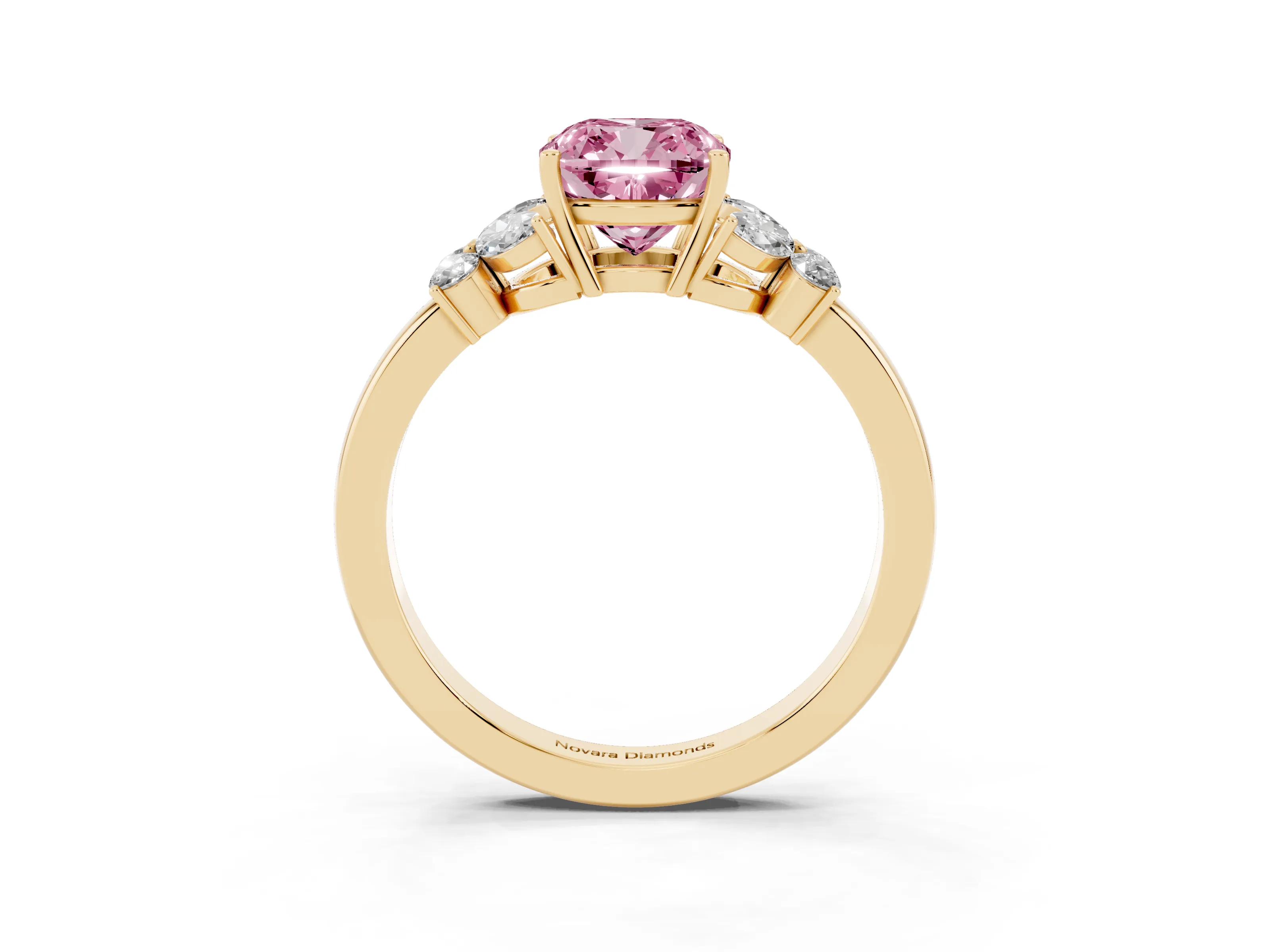 Fancy Pink Cushion Cut Diamond Solitaire Floral Ring Set in Yellow gold with Marquise Petals and Prong Setting