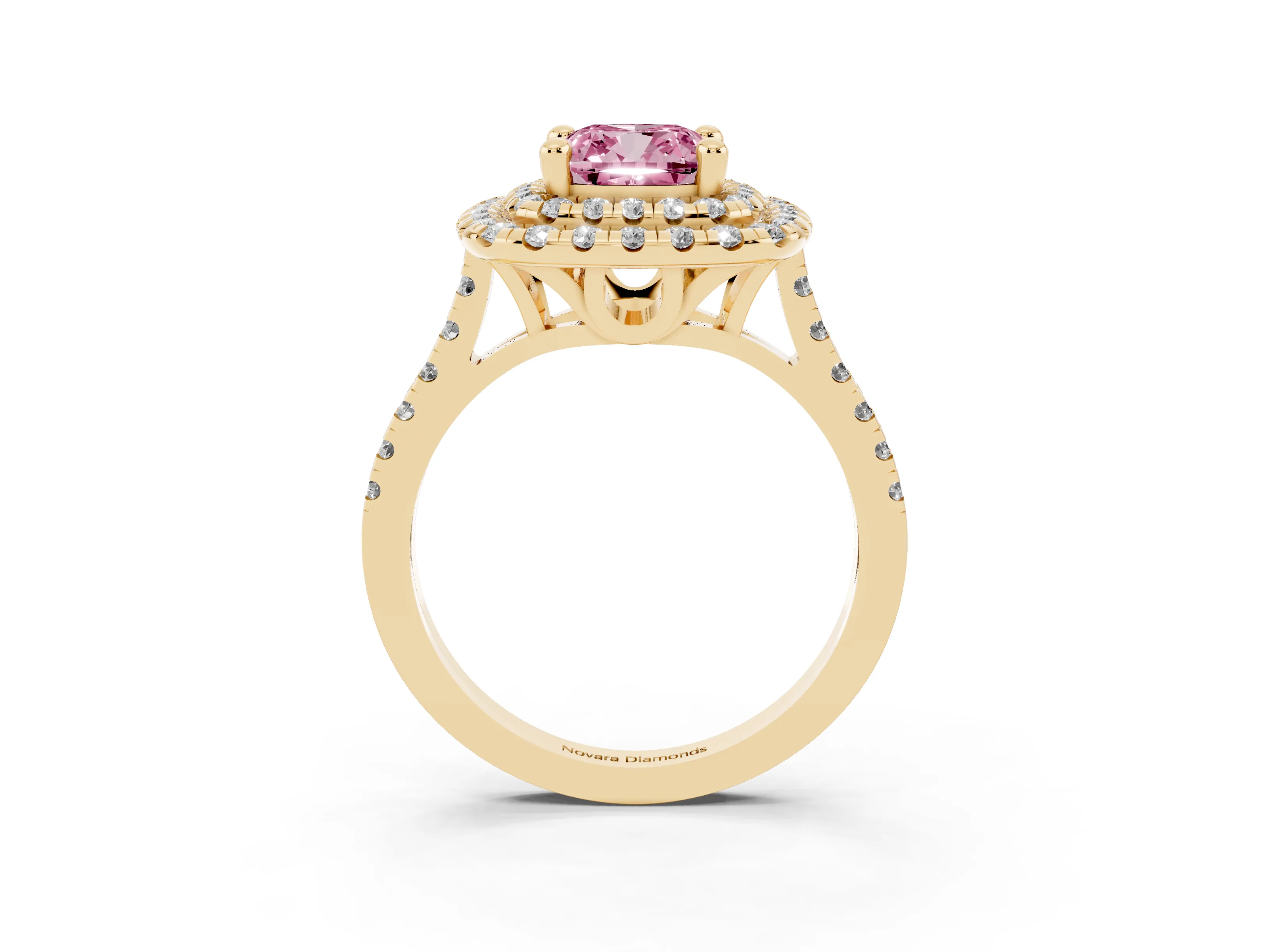 Fancy Pink Cushion Cut Diamond Double Halo Statement Ring Set in Yellow gold with Pavé Band