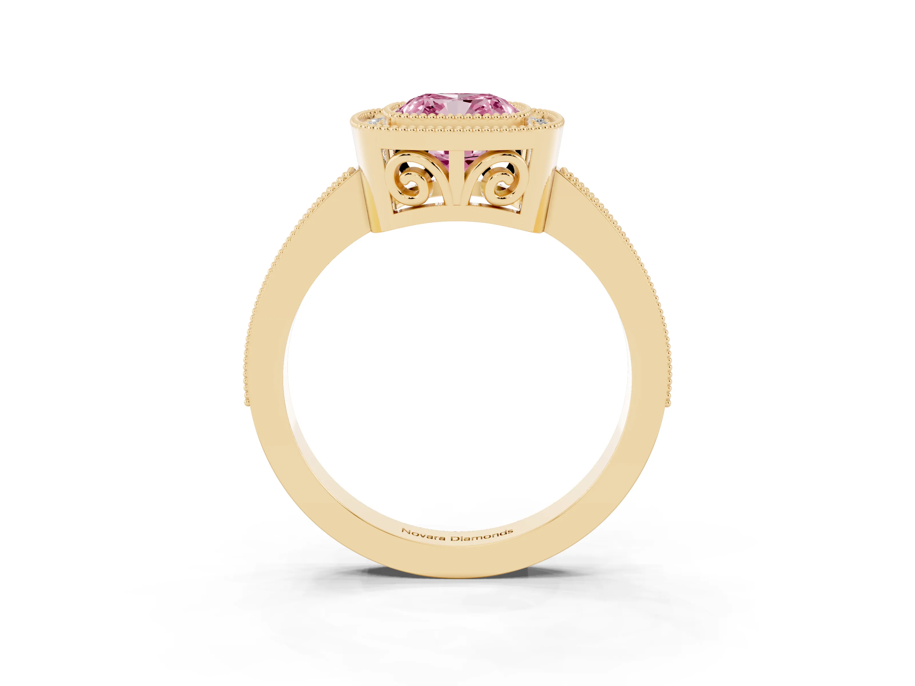 Fancy Pink Cushion Cut Diamond Round Halo Ring Set in Yellow gold with Pavé Band