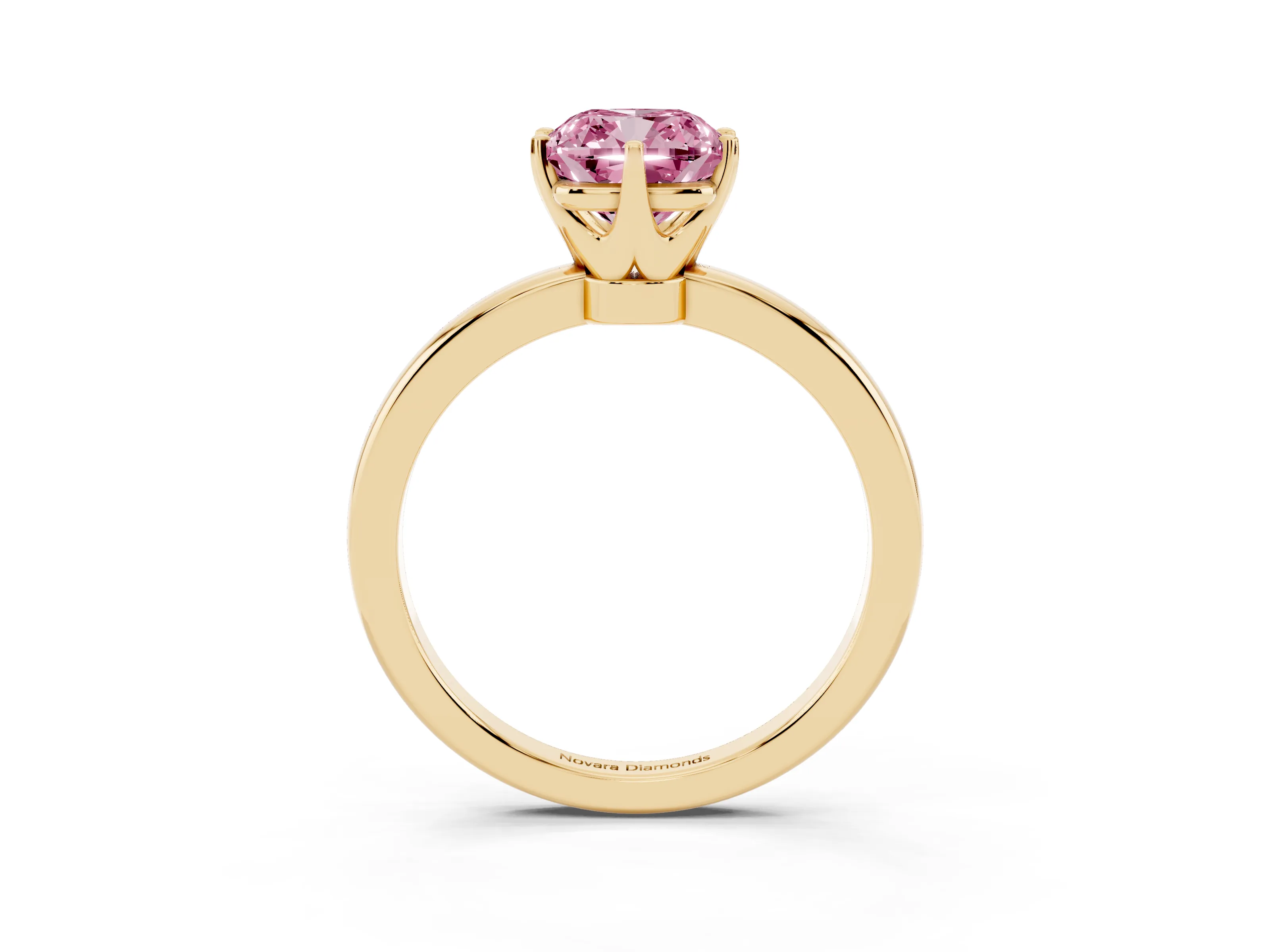 Fancy Pink Cushion Cut Diamond Solitaire Ring Set in Yellow gold with Raised Prong Setting on a Classic Band