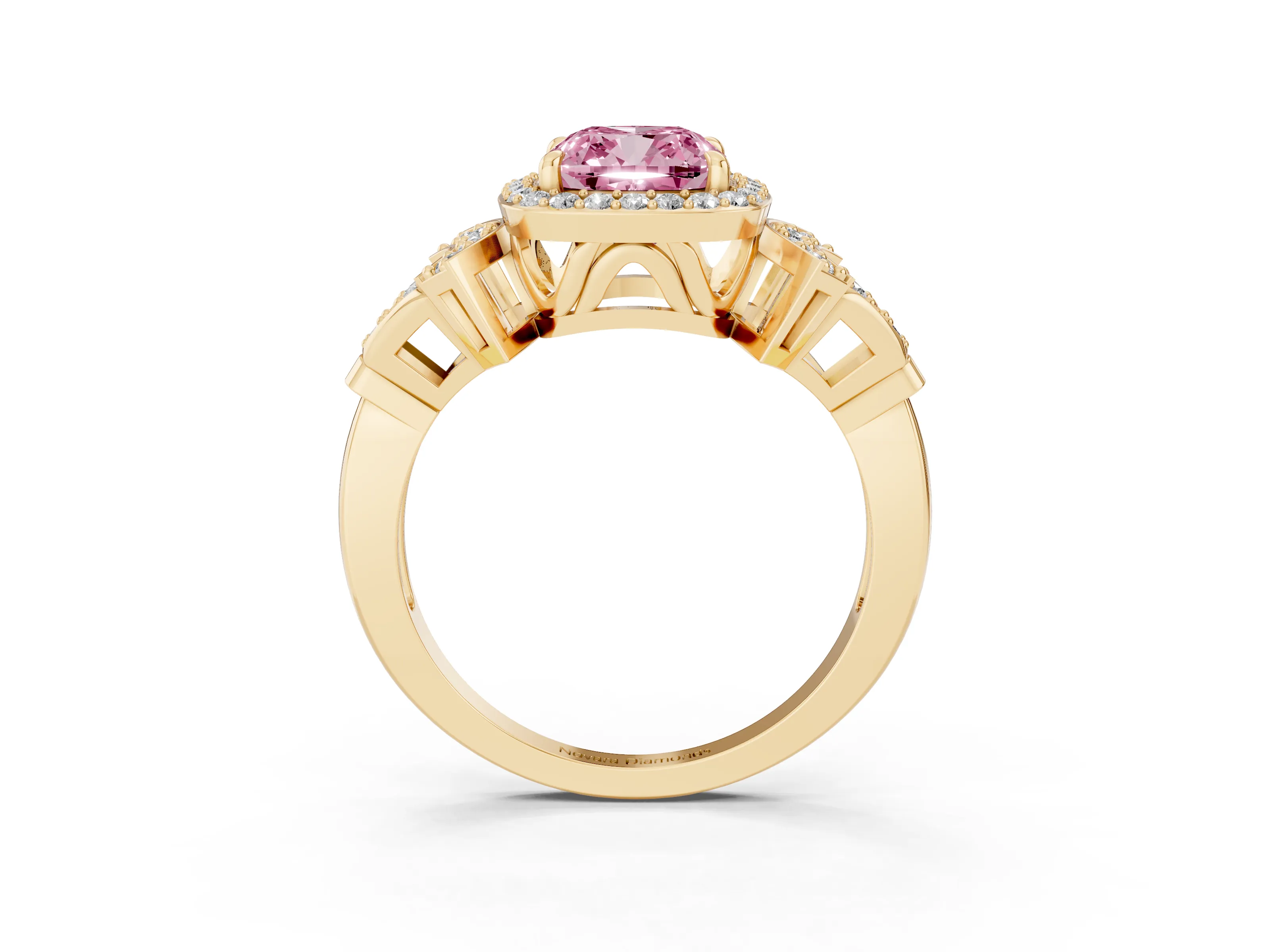 Fancy Pink Cushion Cut Diamond Halo Engagement Ring Set in Yellow gold with Accent Stone Split Shank