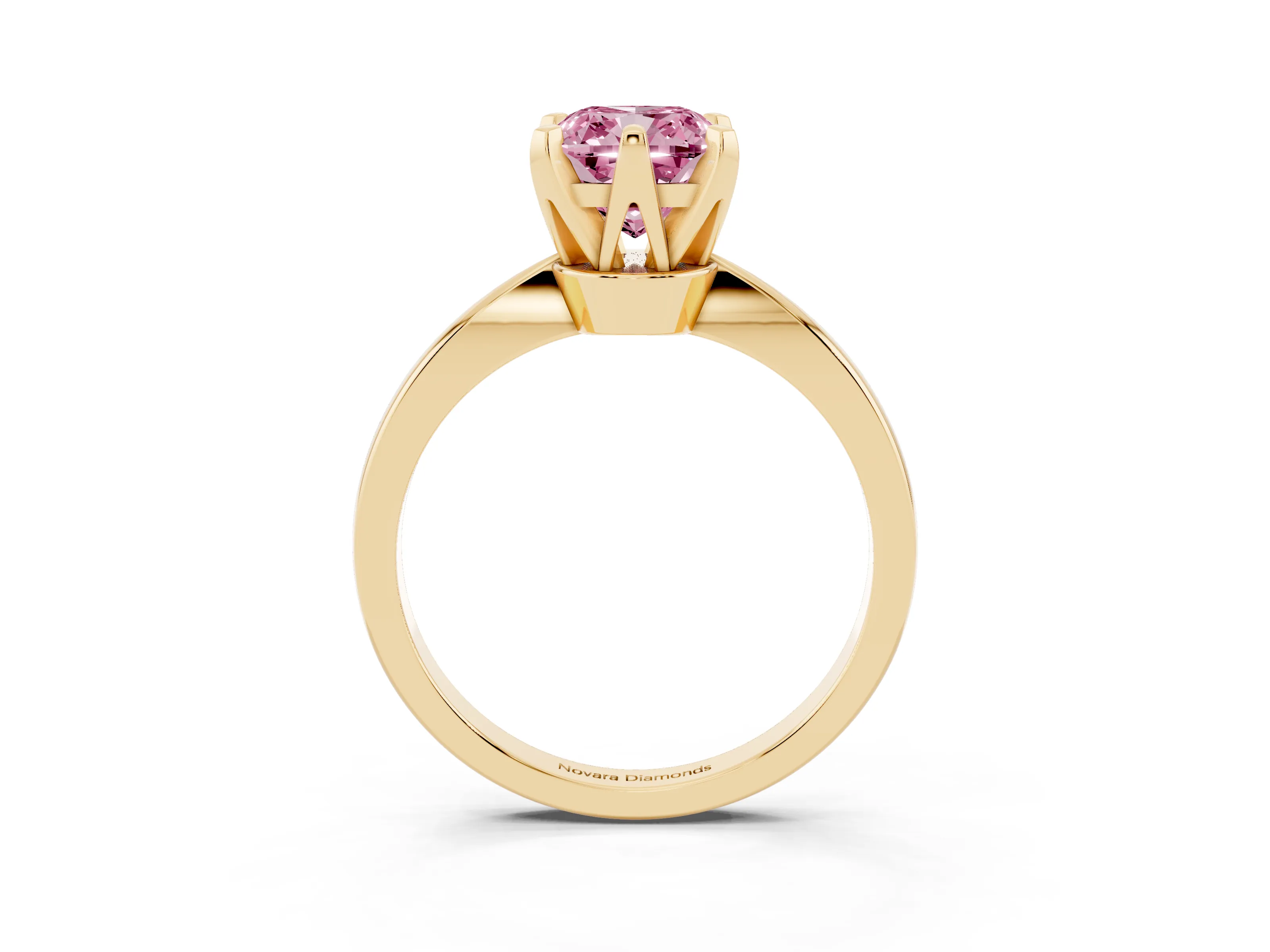 Fancy Pink Cushion Cut Diamond Solitaire Engagement Ring Set in Yellow gold with Slim Tapered Solitaire Band