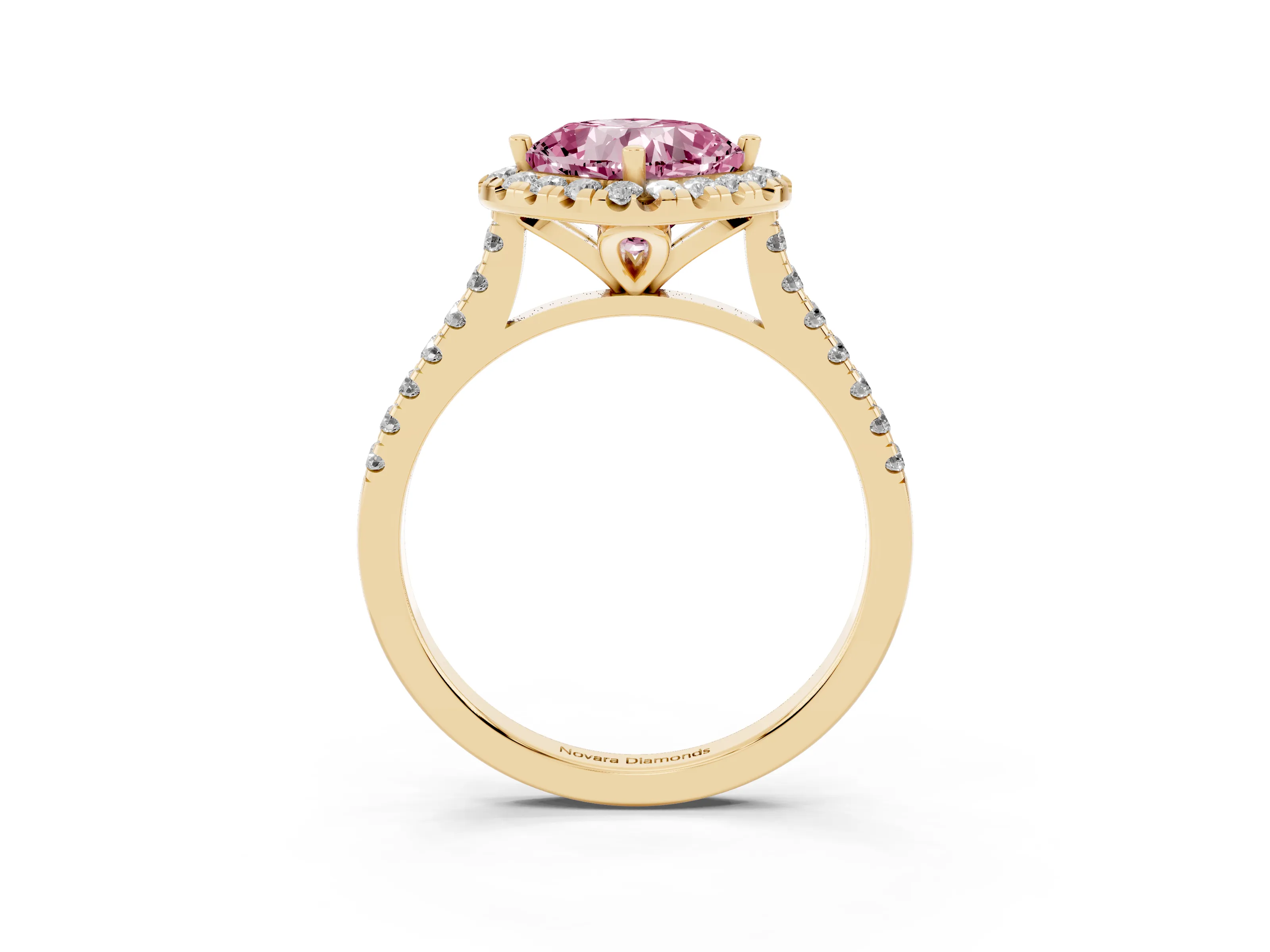 Fancy Pink Cushion Cut Diamond Cushion Halo Ring Set in Yellow gold with Pavé Band