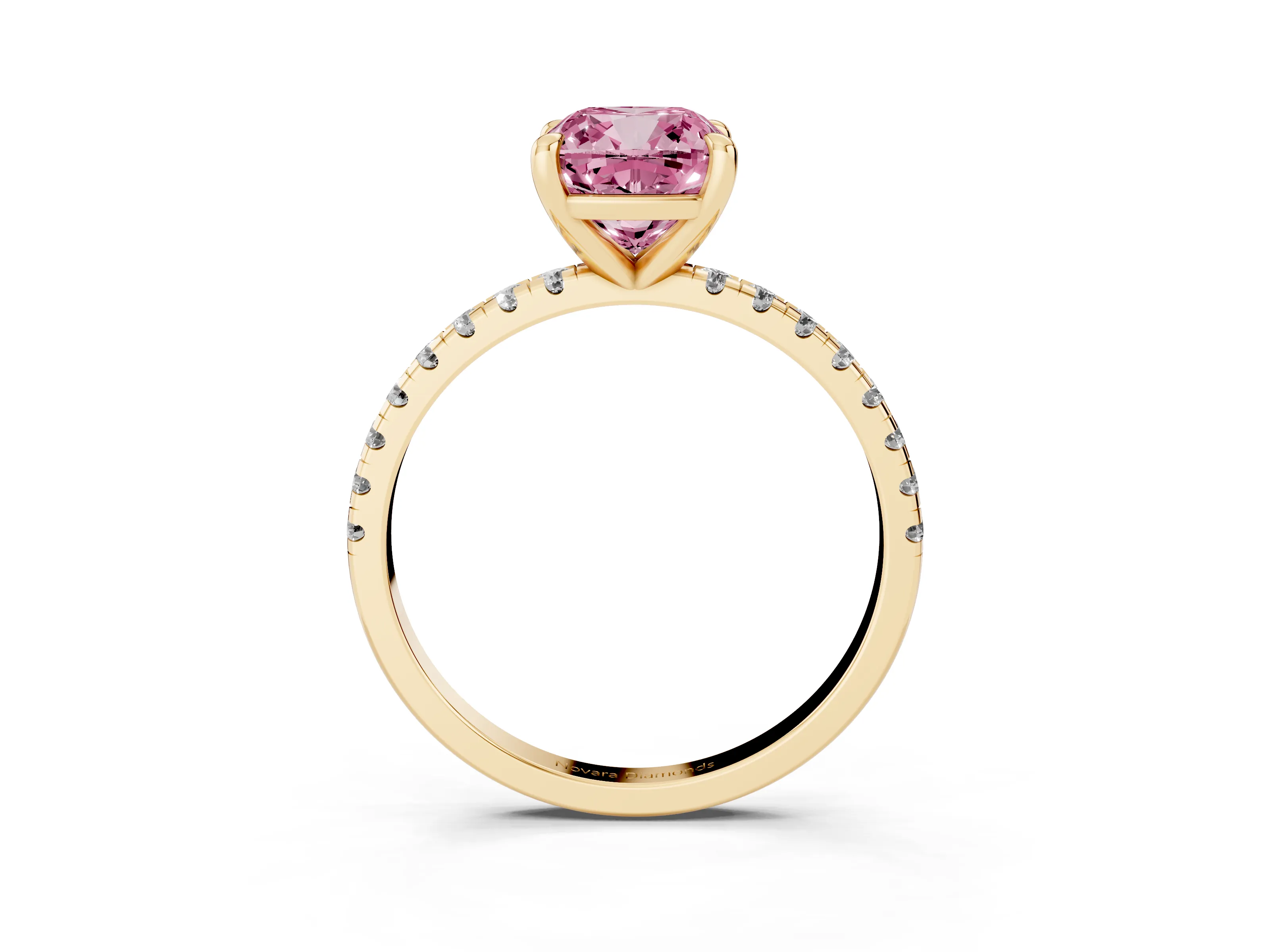 Fancy Pink Cushion Cut Diamond Brilliant Solitaire Ring Set in Yellow gold with Pavé Band and Prong Setting