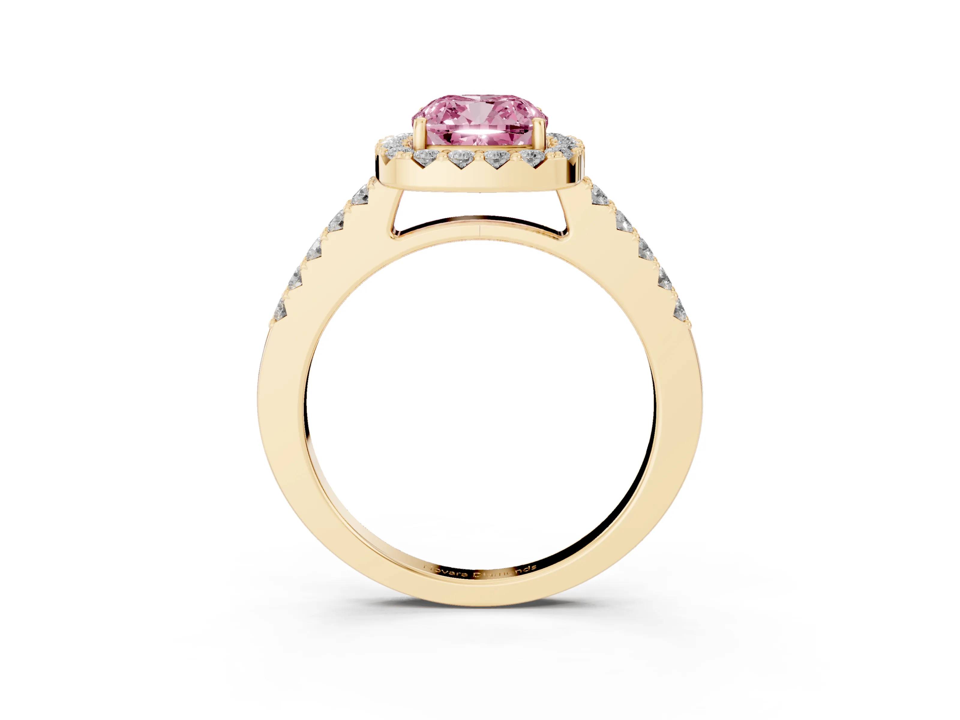Fancy Pink Cushion Cut Diamond Halo Pavé Solitaire Ring Set in Yellow gold with Prong-Set Center Stone