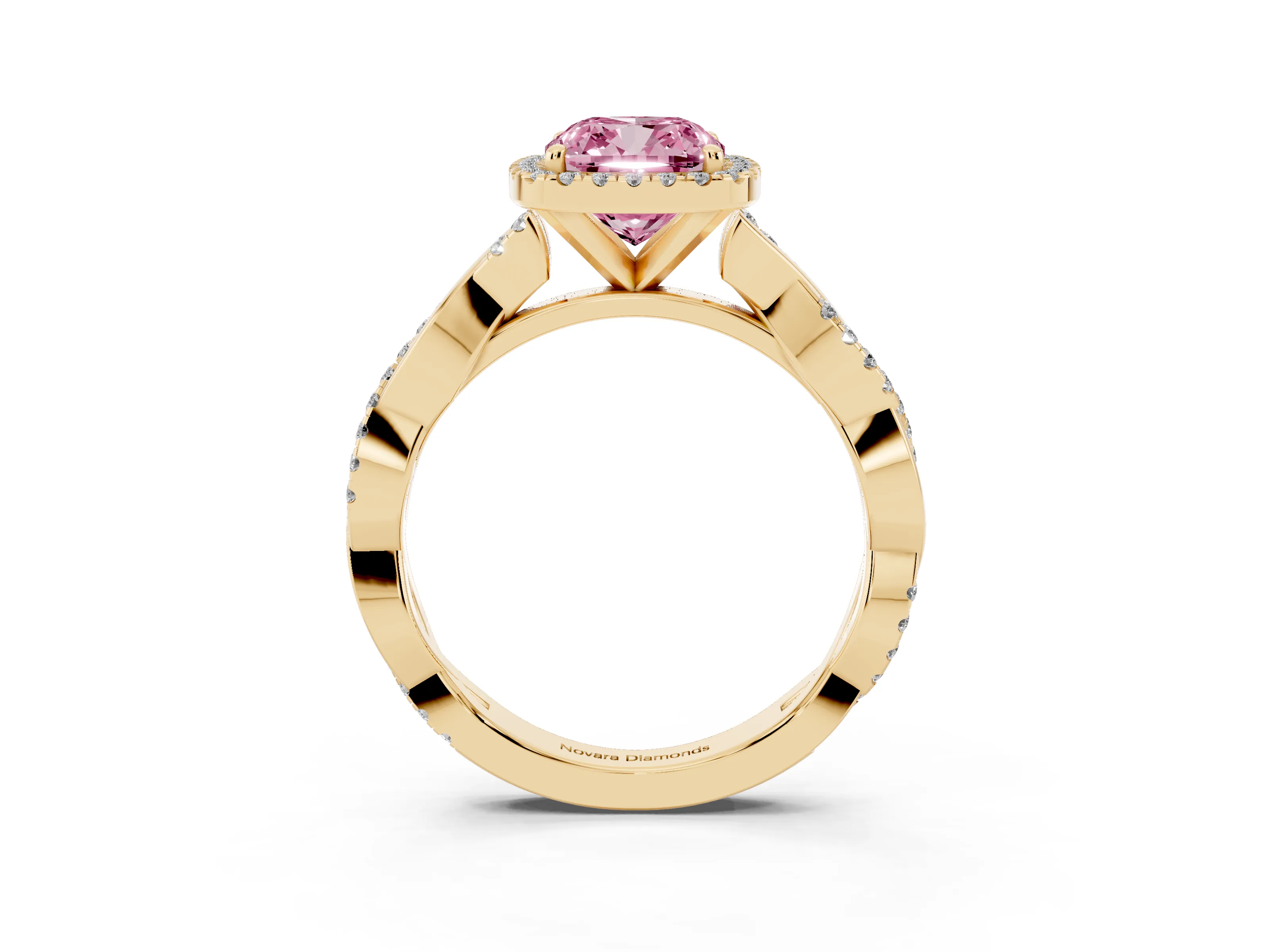 Fancy Pink Cushion Cut Diamond Halo Twisted Band Ring Set in Yellow gold with Prong Setting
