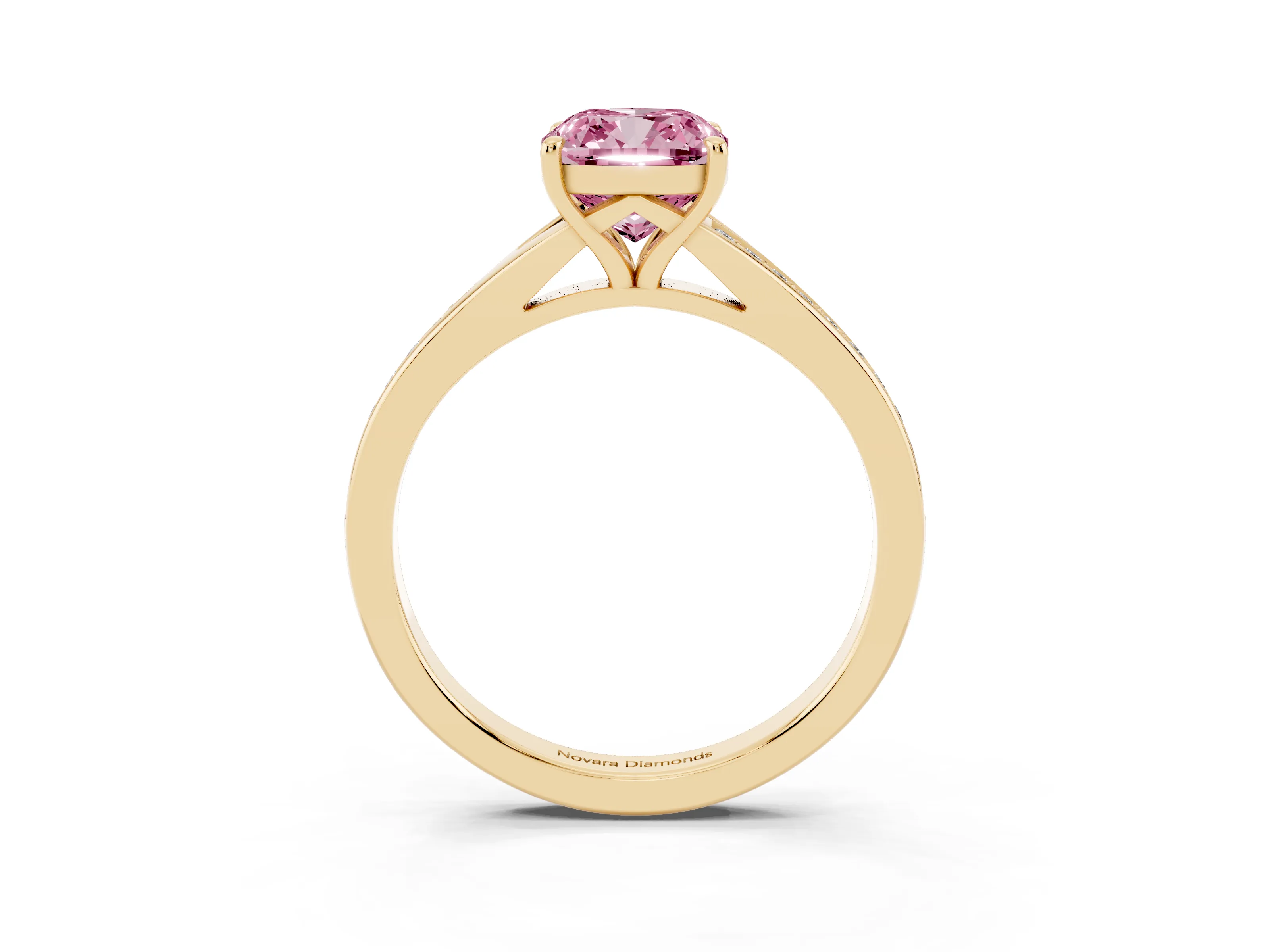 Fancy Pink Cushion Cut Diamond Solitaire Ring Set in Yellow gold with Pavé Accent Band and Classic Prong Setting