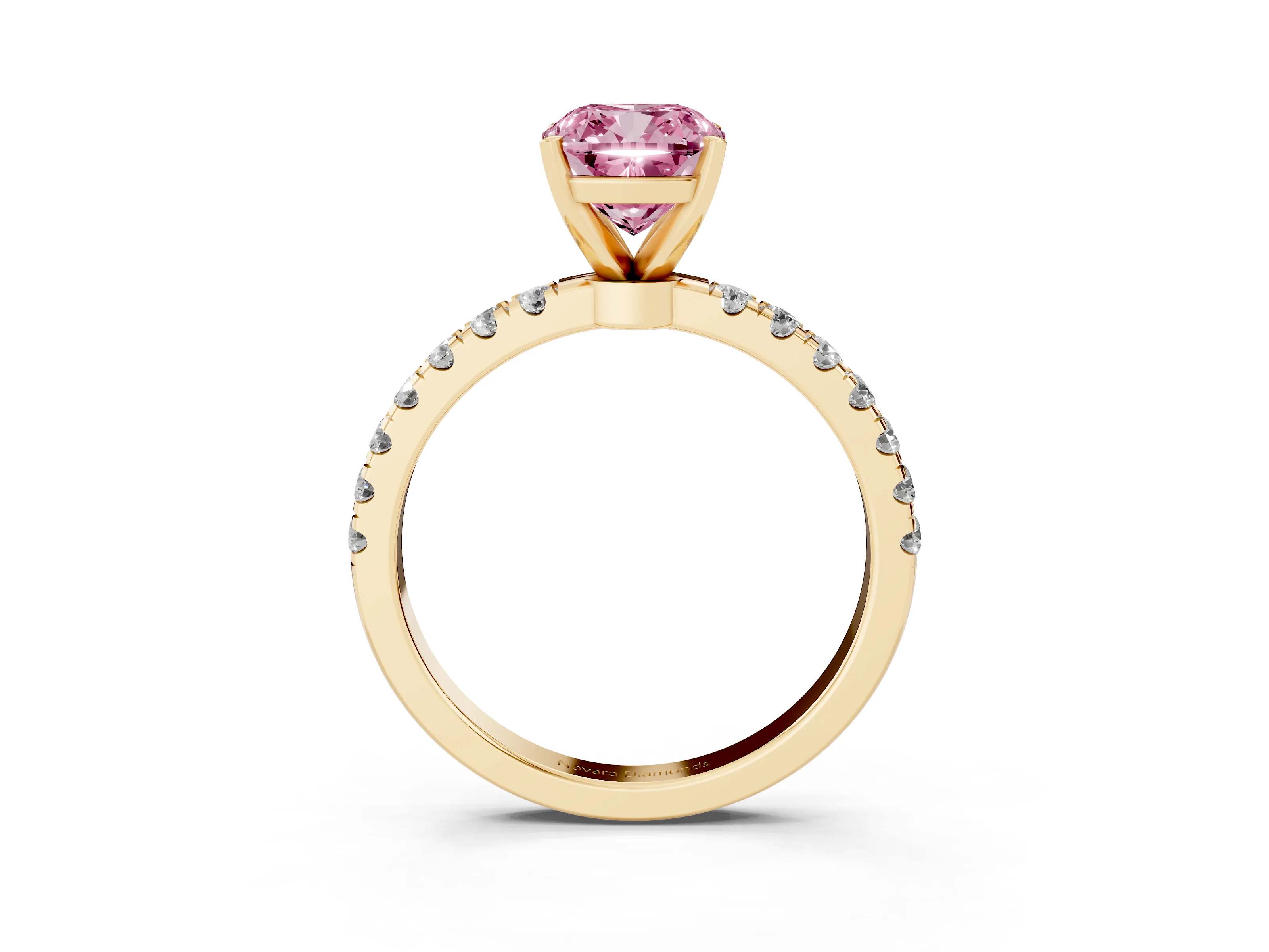 Fancy Pink Cushion Cut Diamond Solitaire Ring Set in Yellow gold with Pavé Accents and Prong Setting