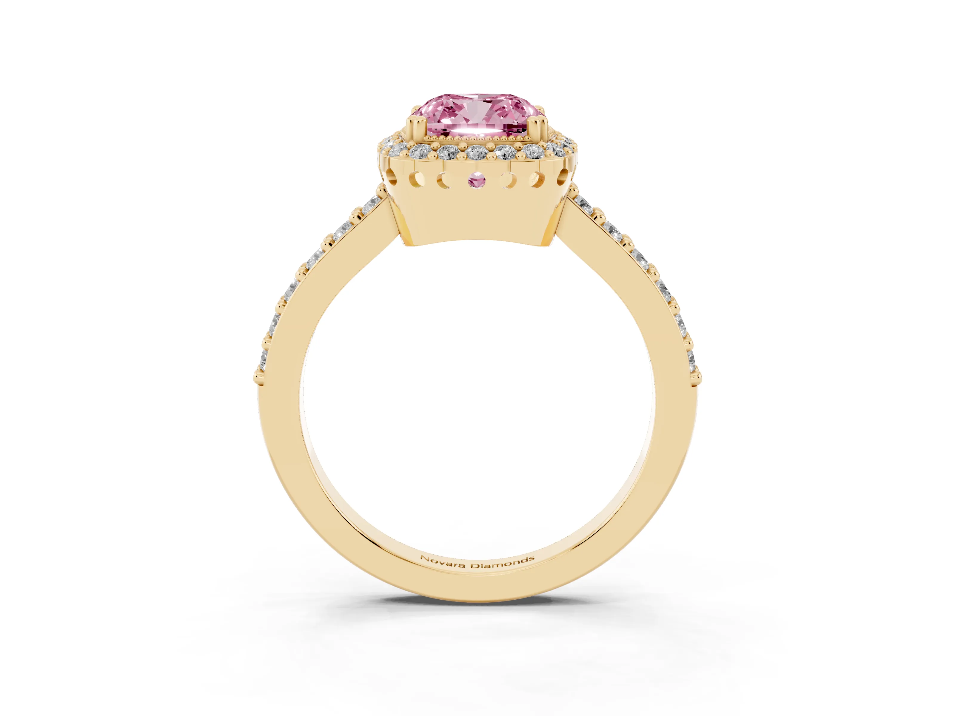 Fancy Pink Cushion Cut Diamond Halo Engagement Ring Set in Yellow gold with Milgrain Detail and Pavé Band