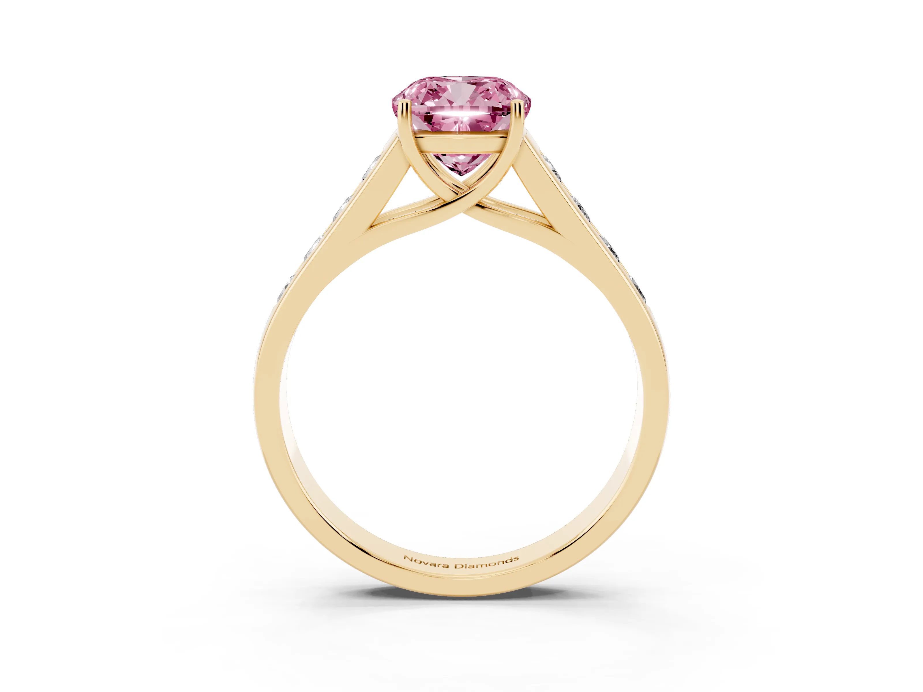 Fancy Pink Cushion Cut Diamond Brilliant Channel-Set Solitaire Ring Set in Yellow gold with Prong Setting
