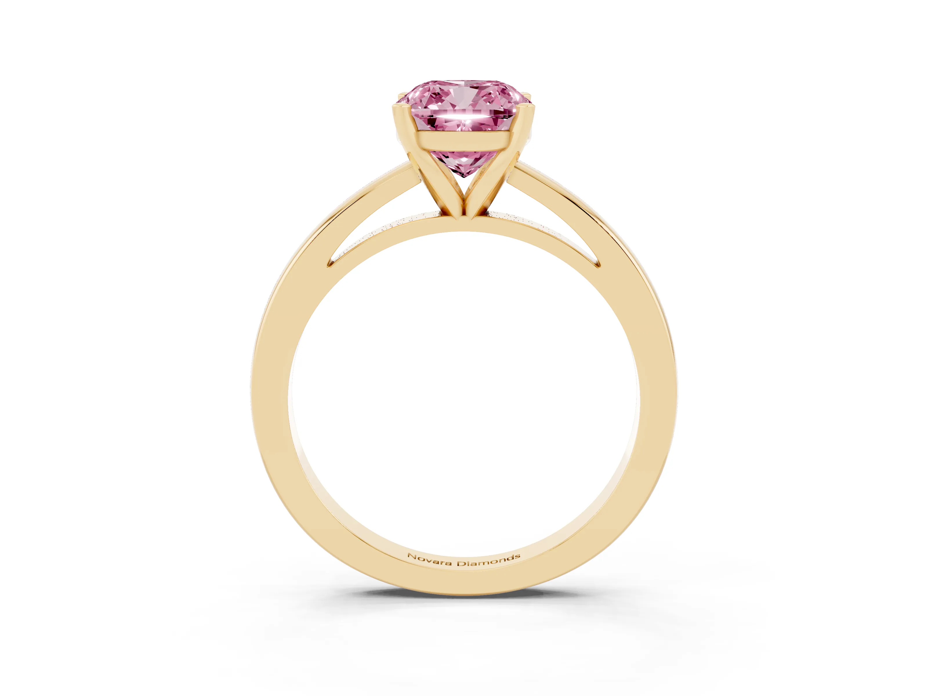 Fancy Pink Cushion Cut Diamond Solitaire Engagement Ring Set in Yellow gold with Prong Setting on a Classic Band