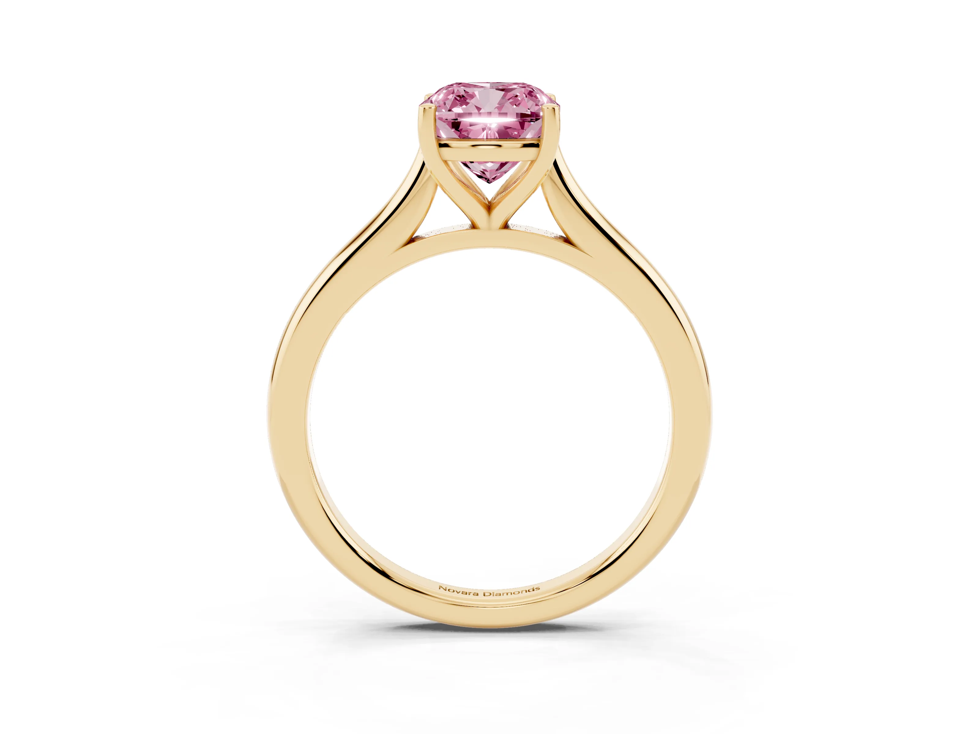 Fancy Pink Cushion Cut Diamond Solitaire Ring Set in Yellow gold with Cathedral Band and Prong Setting