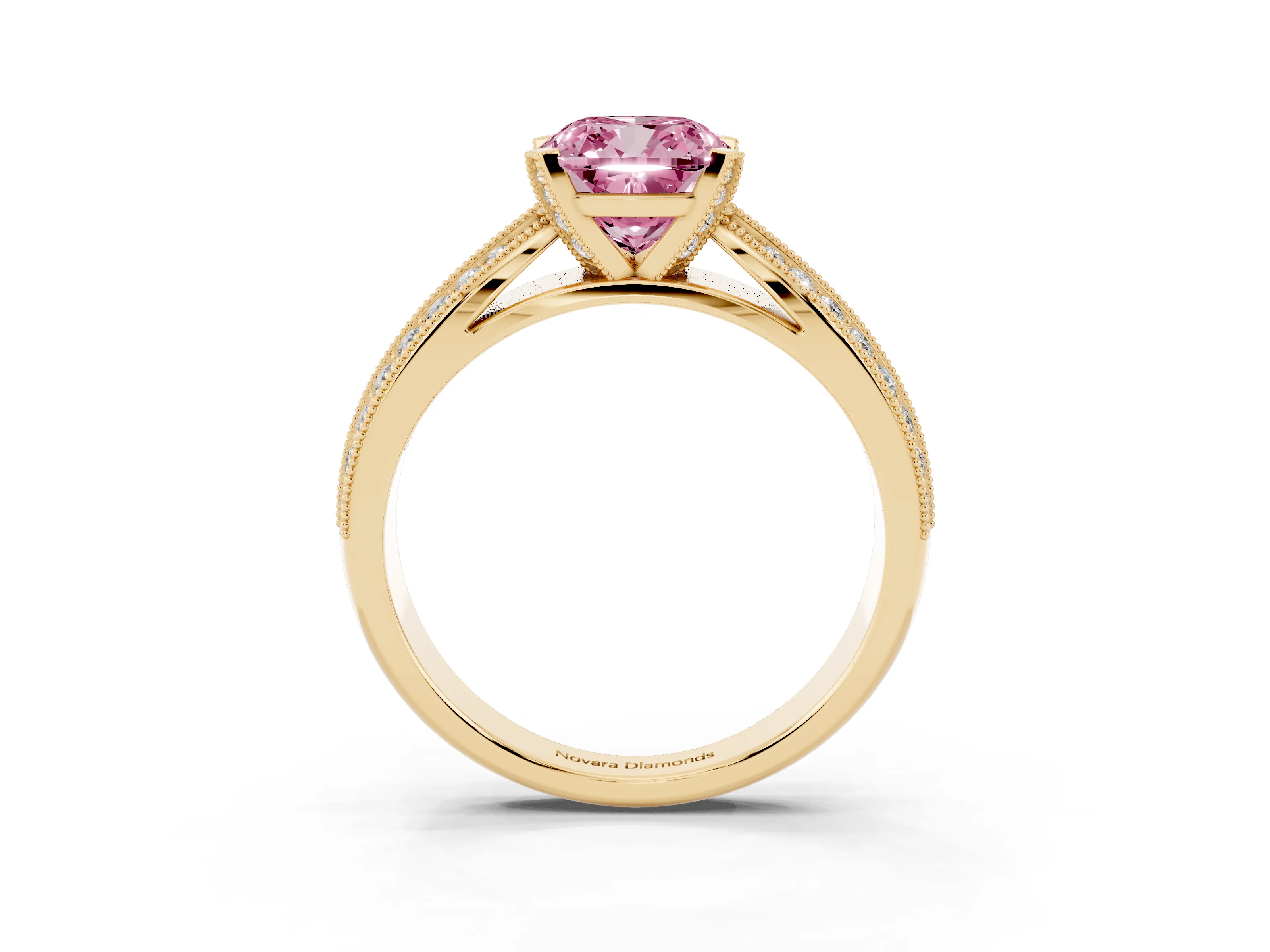 Fancy Pink Cushion Cut Diamond Solitaire Ring Set in Yellow gold with Milgrain Double Row Round Pavé Band
