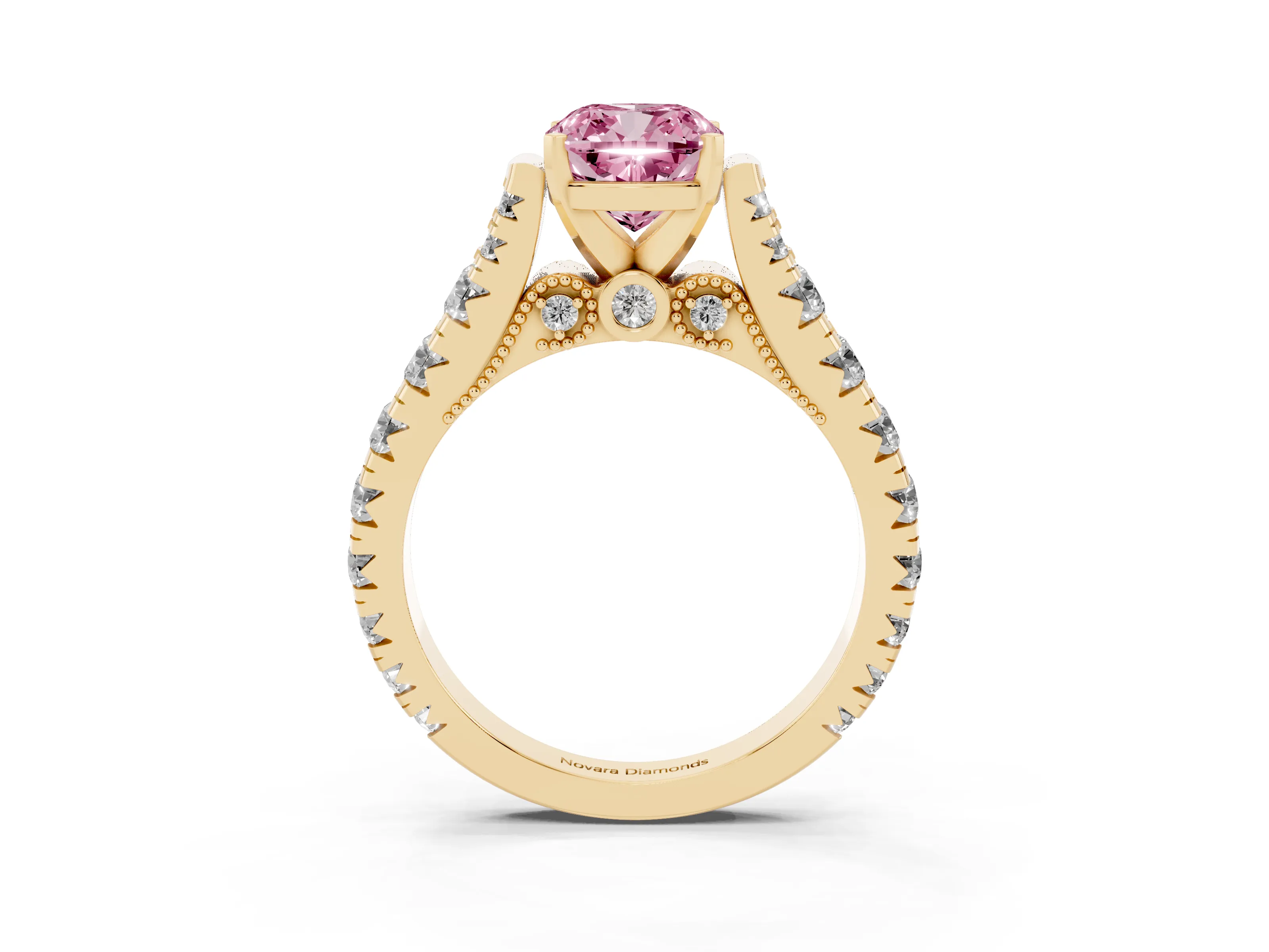 Fancy Pink Cushion Cut Diamond Classic Solitaire Ring Set in Yellow gold with Pavé Band and Prong Setting