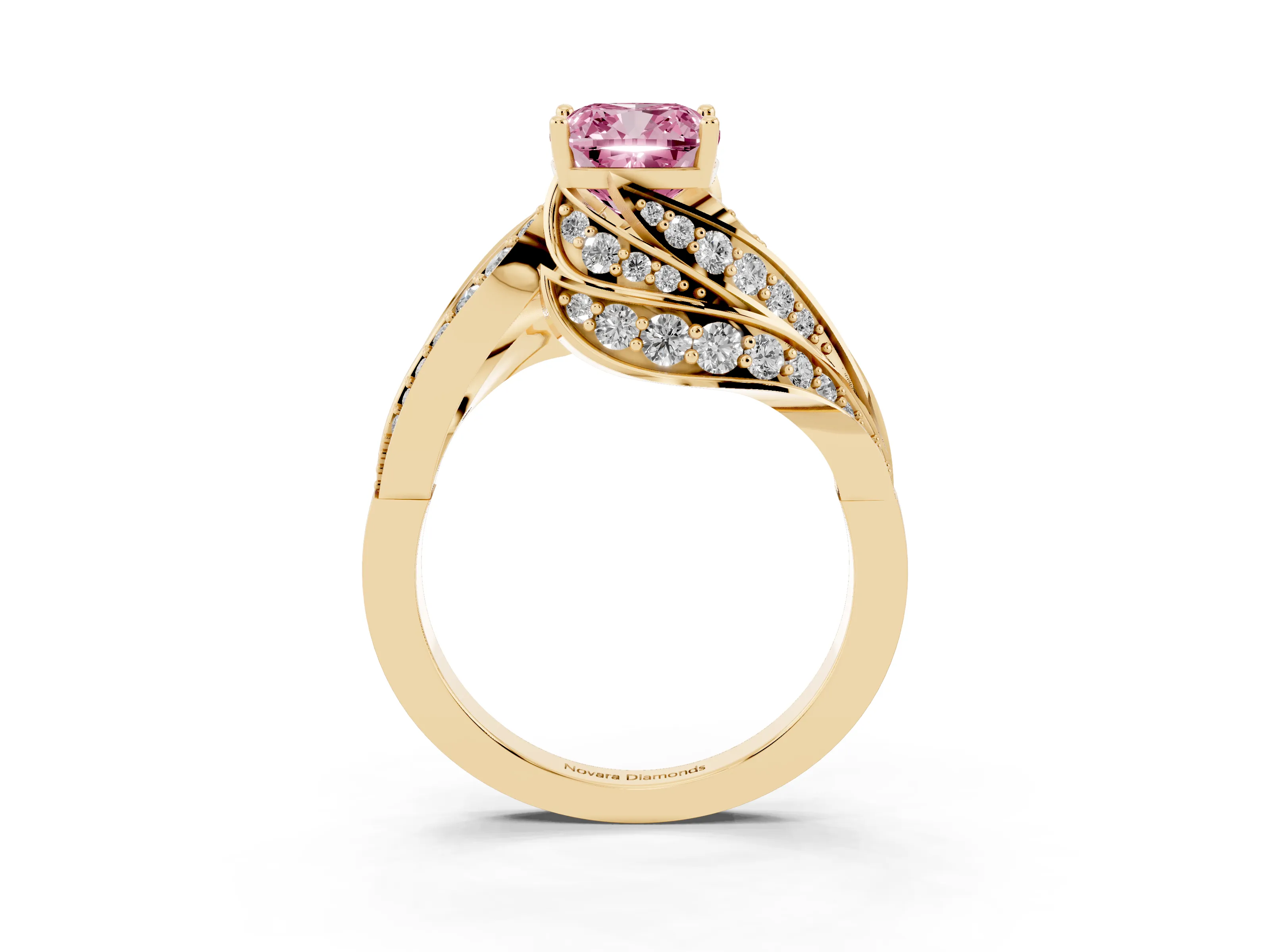 Fancy Pink Cushion Cut Diamond Solitaire Ring Set in Yellow gold with Layered Twist Pavé Band