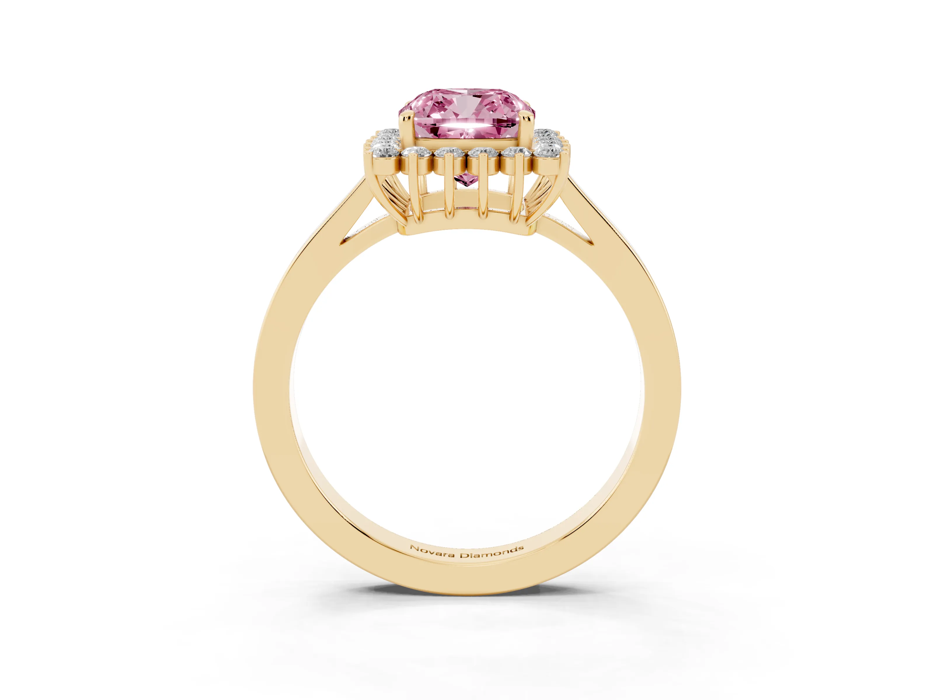 Fancy Pink Cushion Cut Diamond Halo Ring Set in Yellow gold with Round Halo and Smooth Solitaire Band
