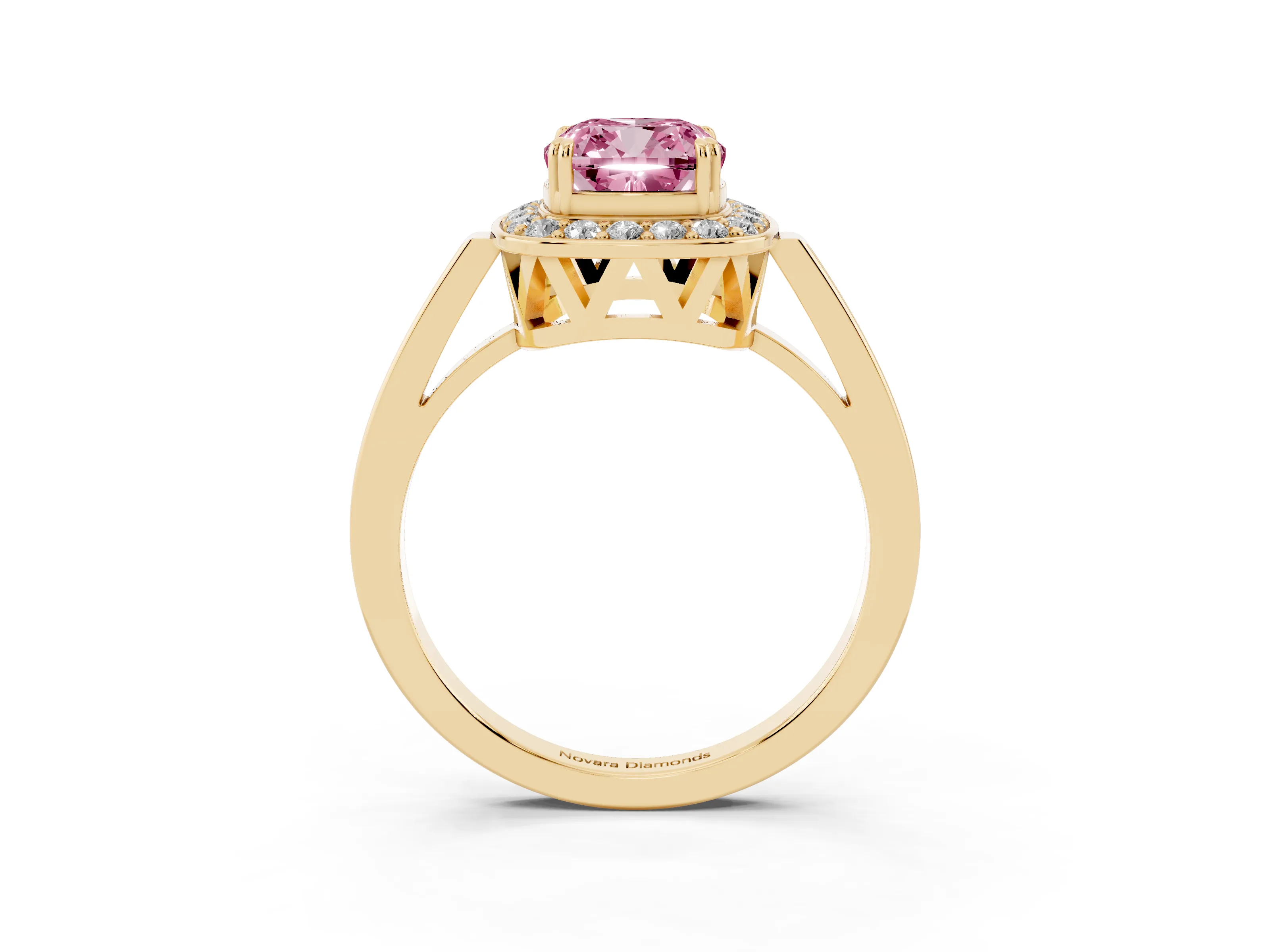 Fancy Pink Cushion Cut Diamond Halo Ring Set in Yellow gold with Accent-Lined Split Shank and Prong Setting