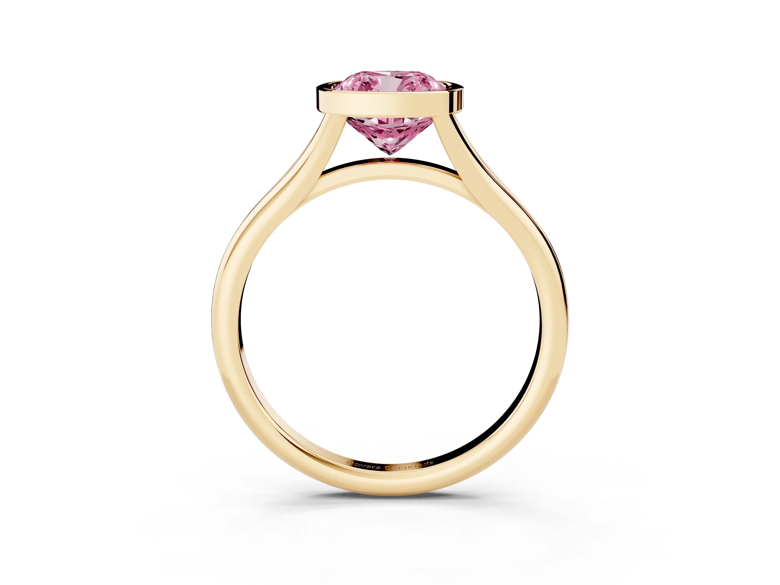 Fancy Pink Bezel Set Cushion Cut Diamond Solitaire Ring Set in Yellow gold with Tapered Band