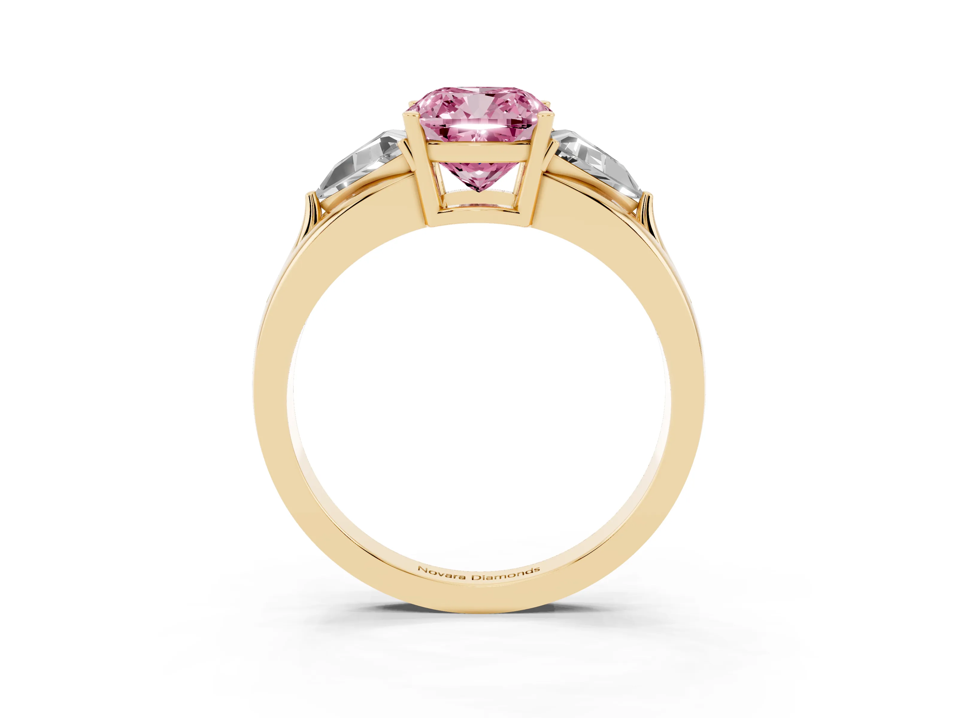Fancy Pink Cushion Cut Diamond Three-Stone Ring Set in Yellow gold with Trillion Side Stones and Split Shank