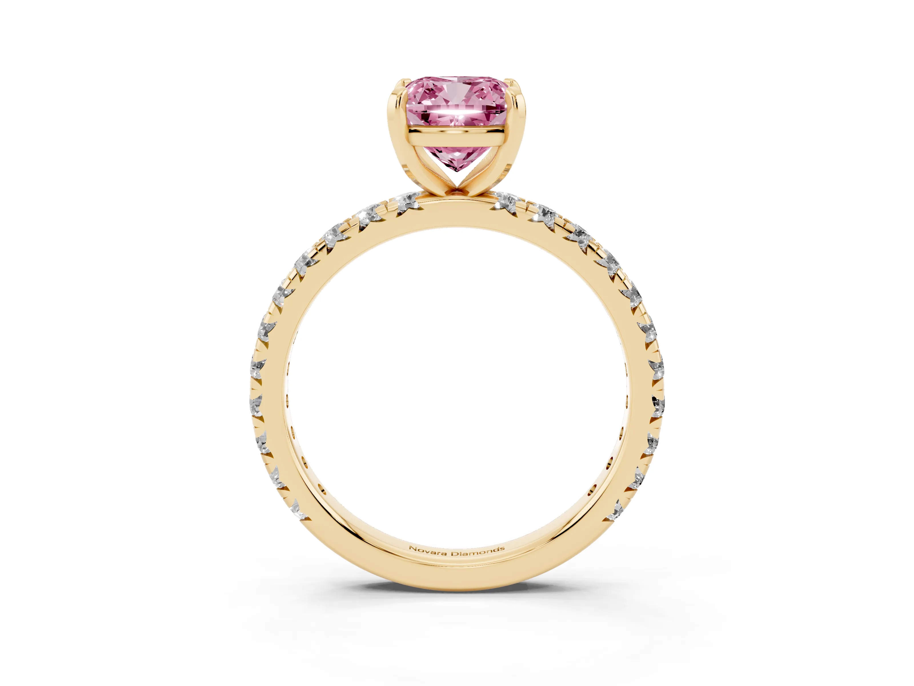 Fancy Pink Cushion Cut Diamond Pavé Solitaire Ring Set in Yellow gold with Round Band and Prong Setting