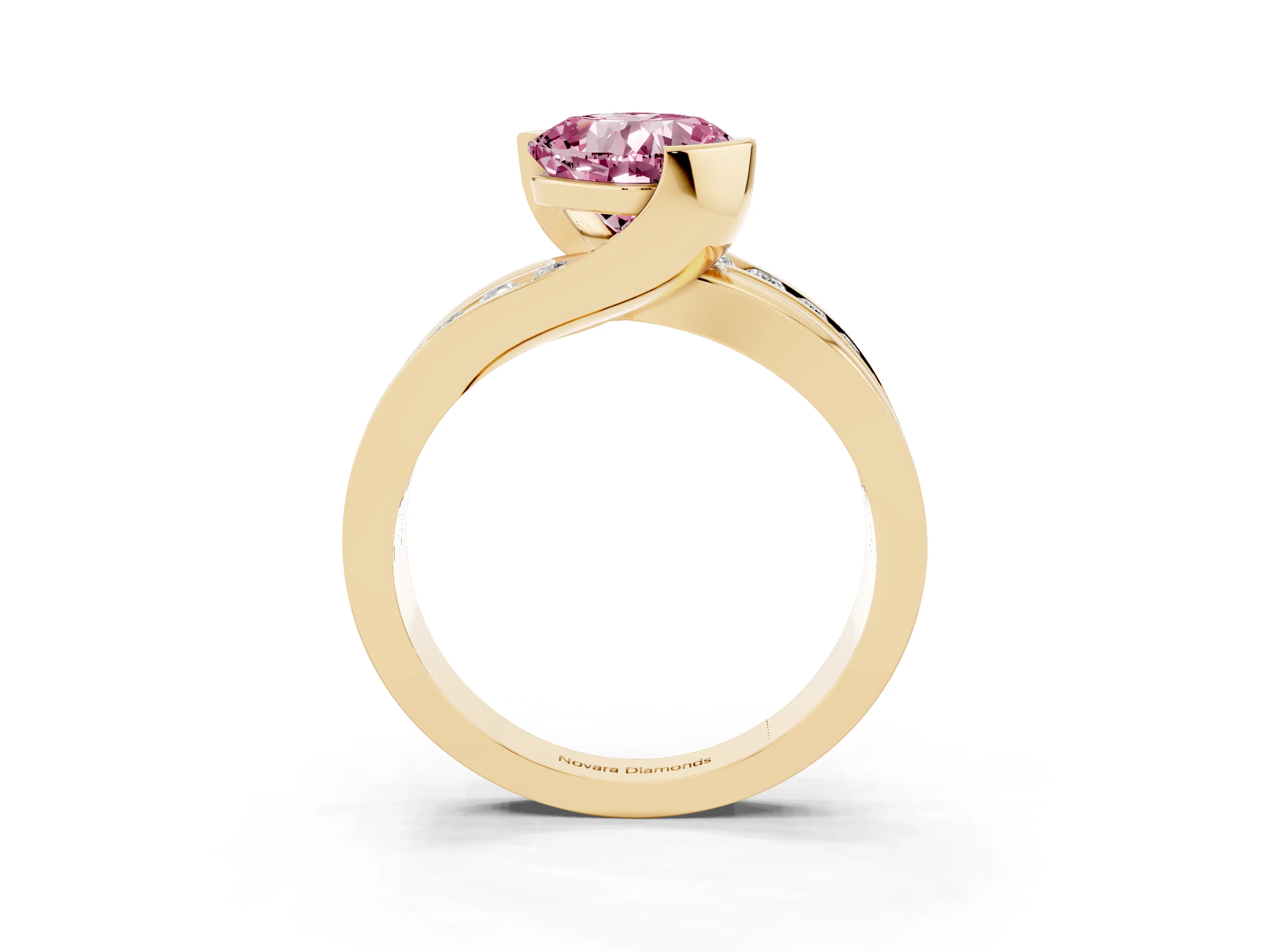 Fancy Pink Cushion Cut Diamond Solitaire Ring Set in Yellow gold with Channel Set Split Shank and Tension Prongs