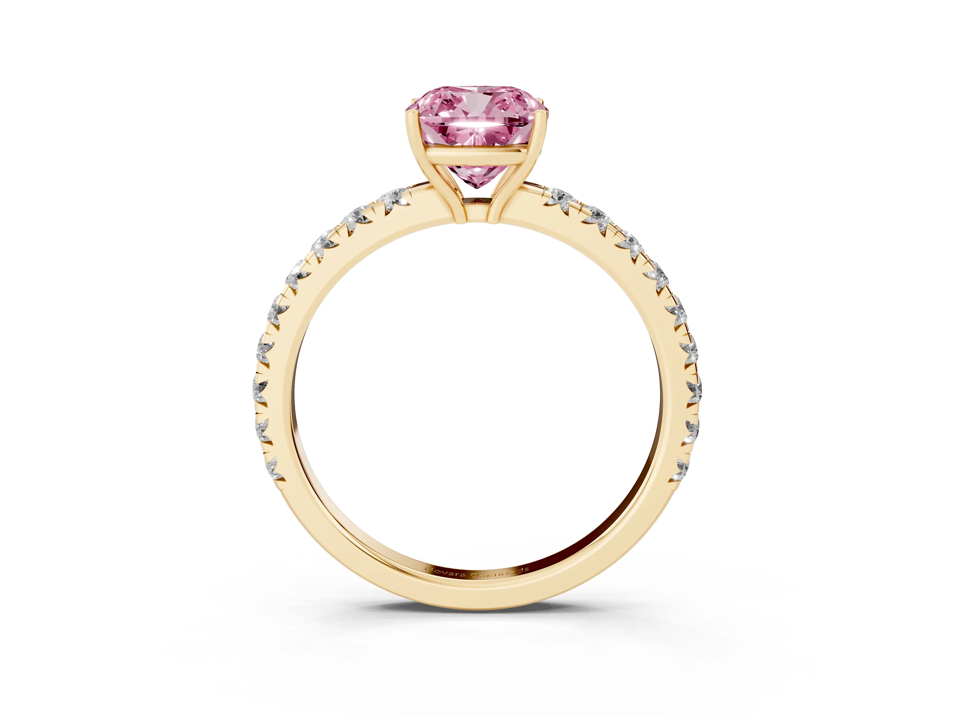 Fancy Pink Cushion Cut Diamond Pavé Solitaire Engagement Ring Set in Yellow gold with Prong Setting