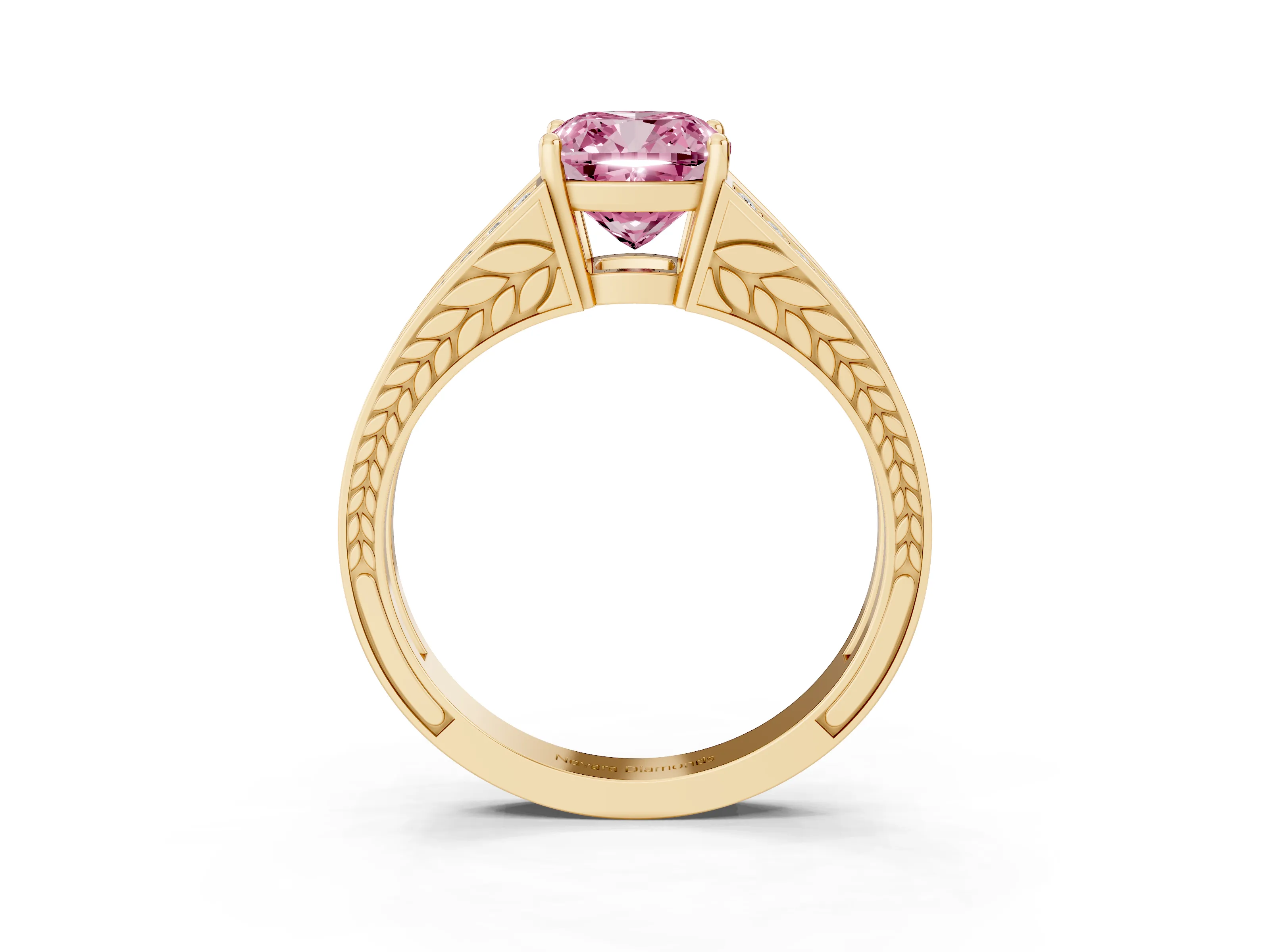 Fancy Pink Cushion Cut Diamond Split Shank Ring Set in Yellow gold with Pavé Band and Prong Setting