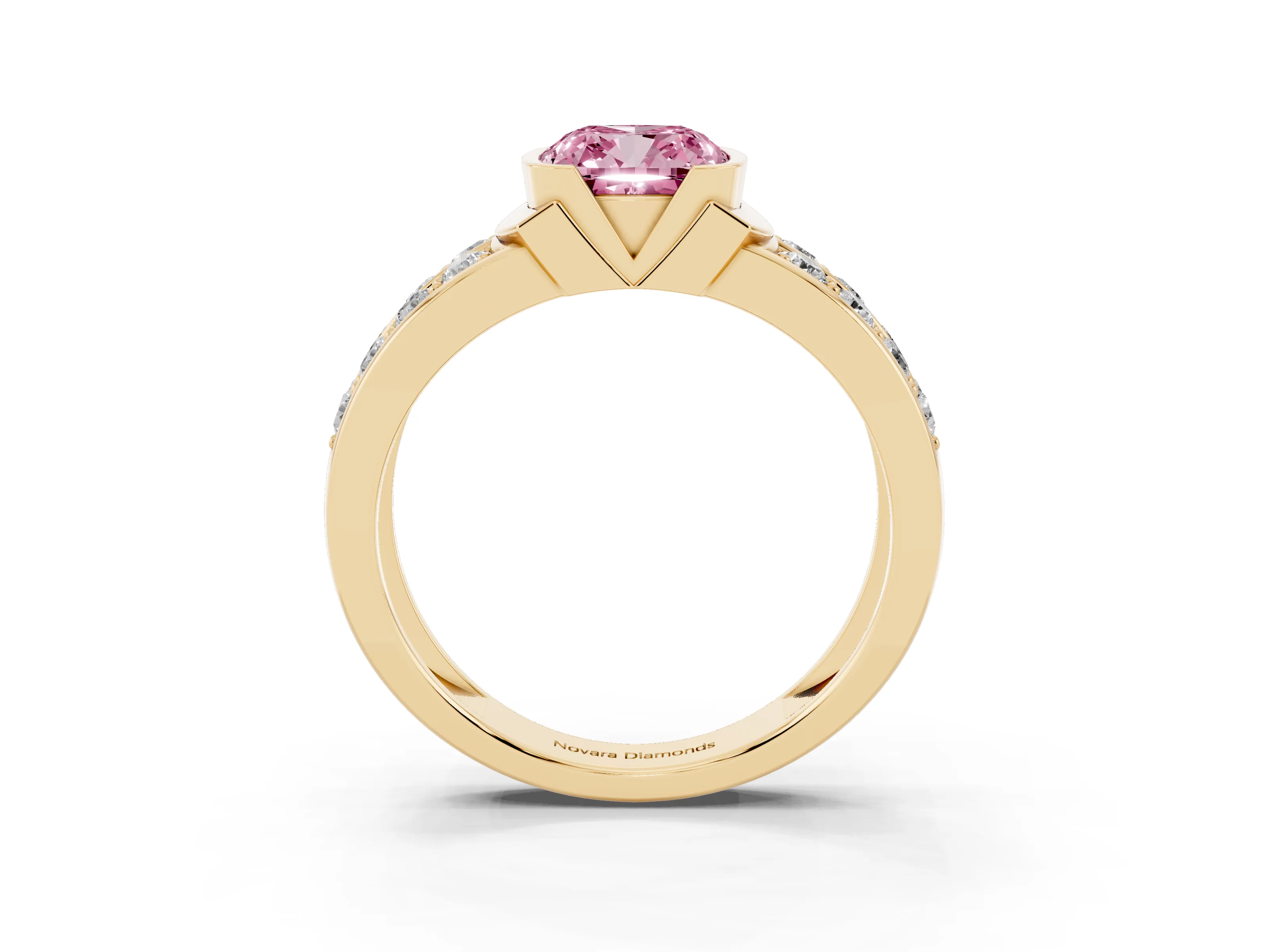 Fancy Pink Cushion Cut Diamond Wide Channel Set Band Ring Set in Yellow gold with Bezel Setting