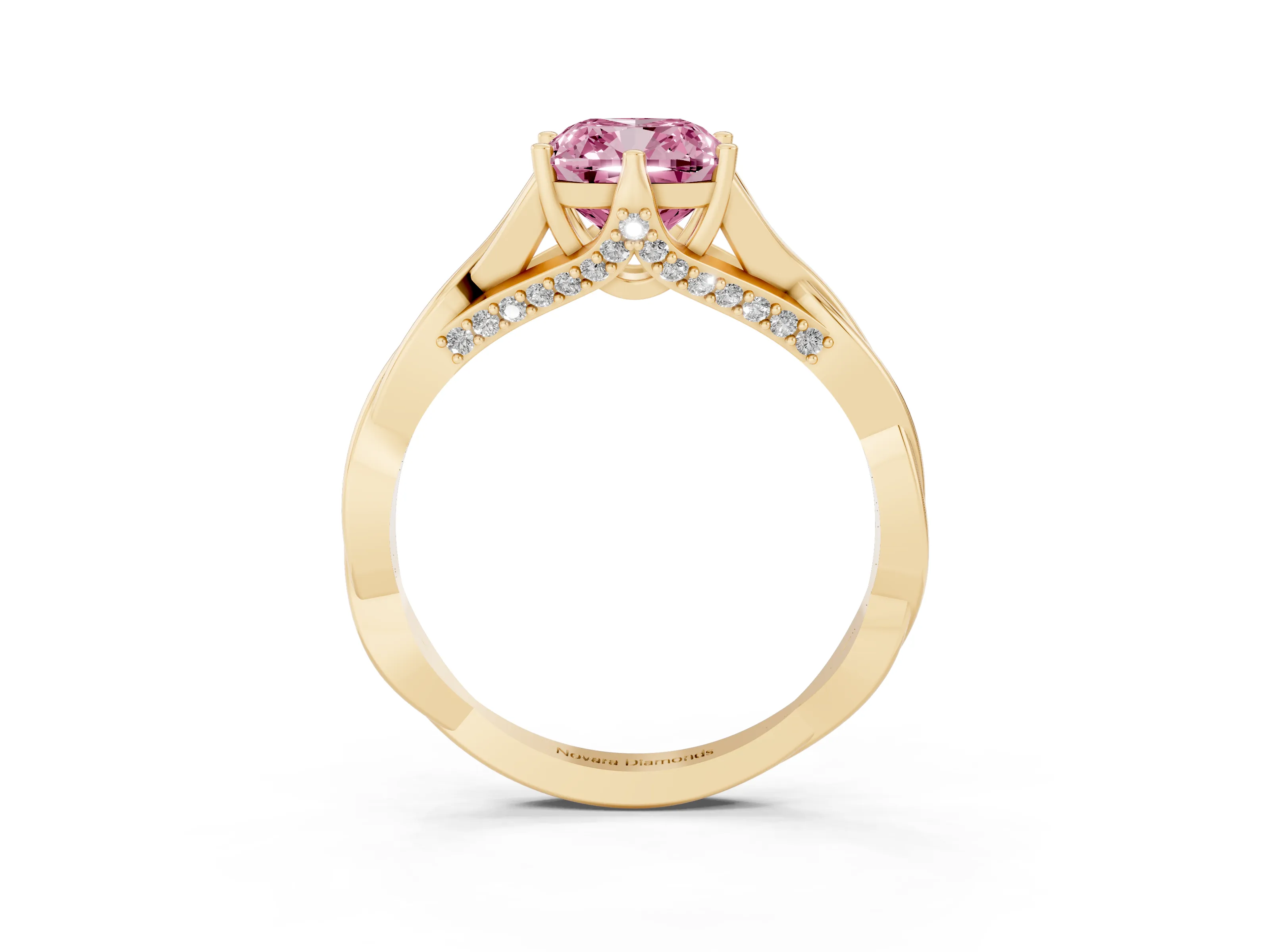 Fancy Pink Cushion Cut Diamond Intertwined Twist Band Solitaire Ring Set in Yellow gold with Prong Setting