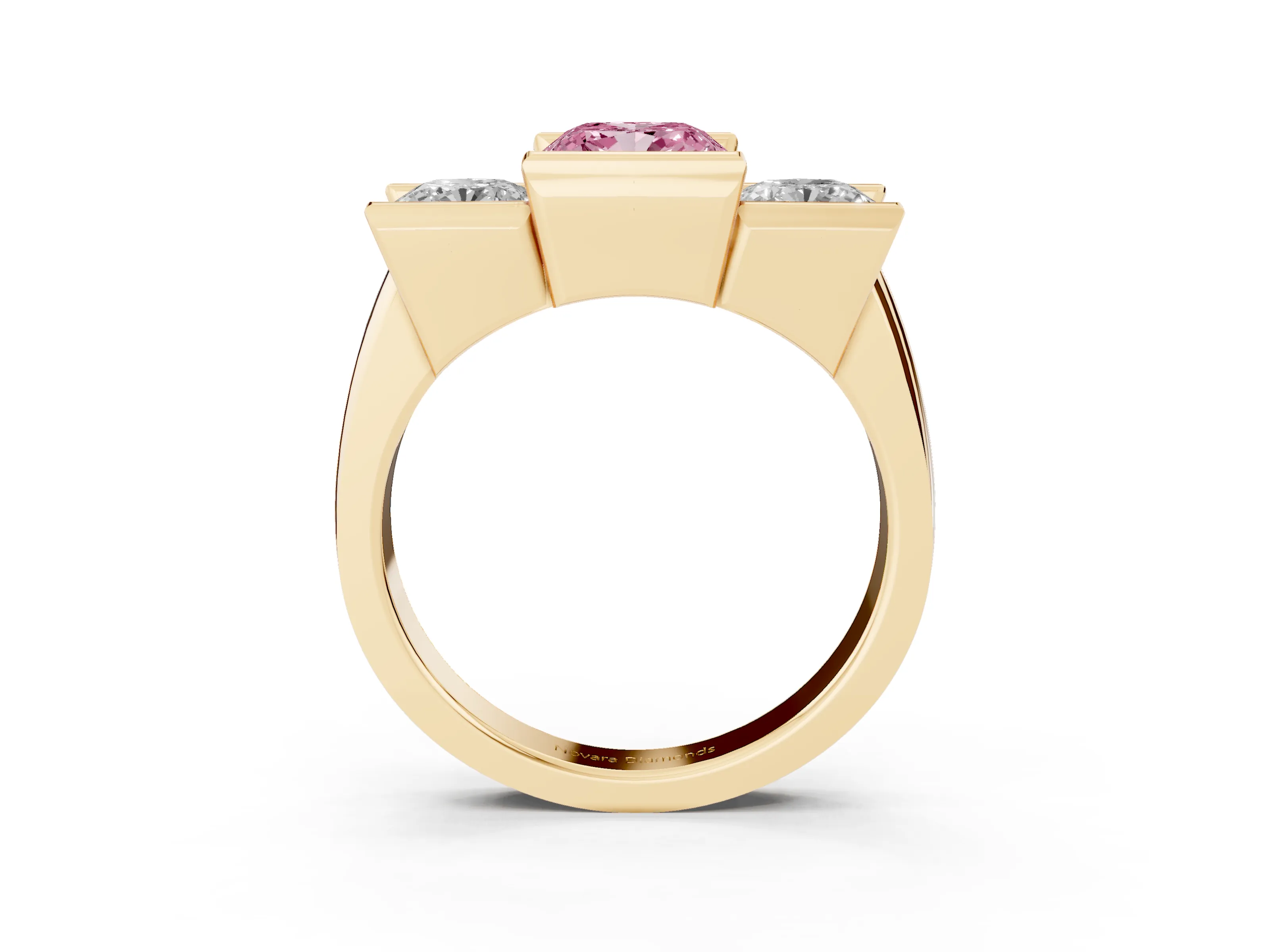 Fancy Pink Cushion Cut Diamond Three-Stone Channel Set Ring Set in Yellow gold with Smooth Polished Band