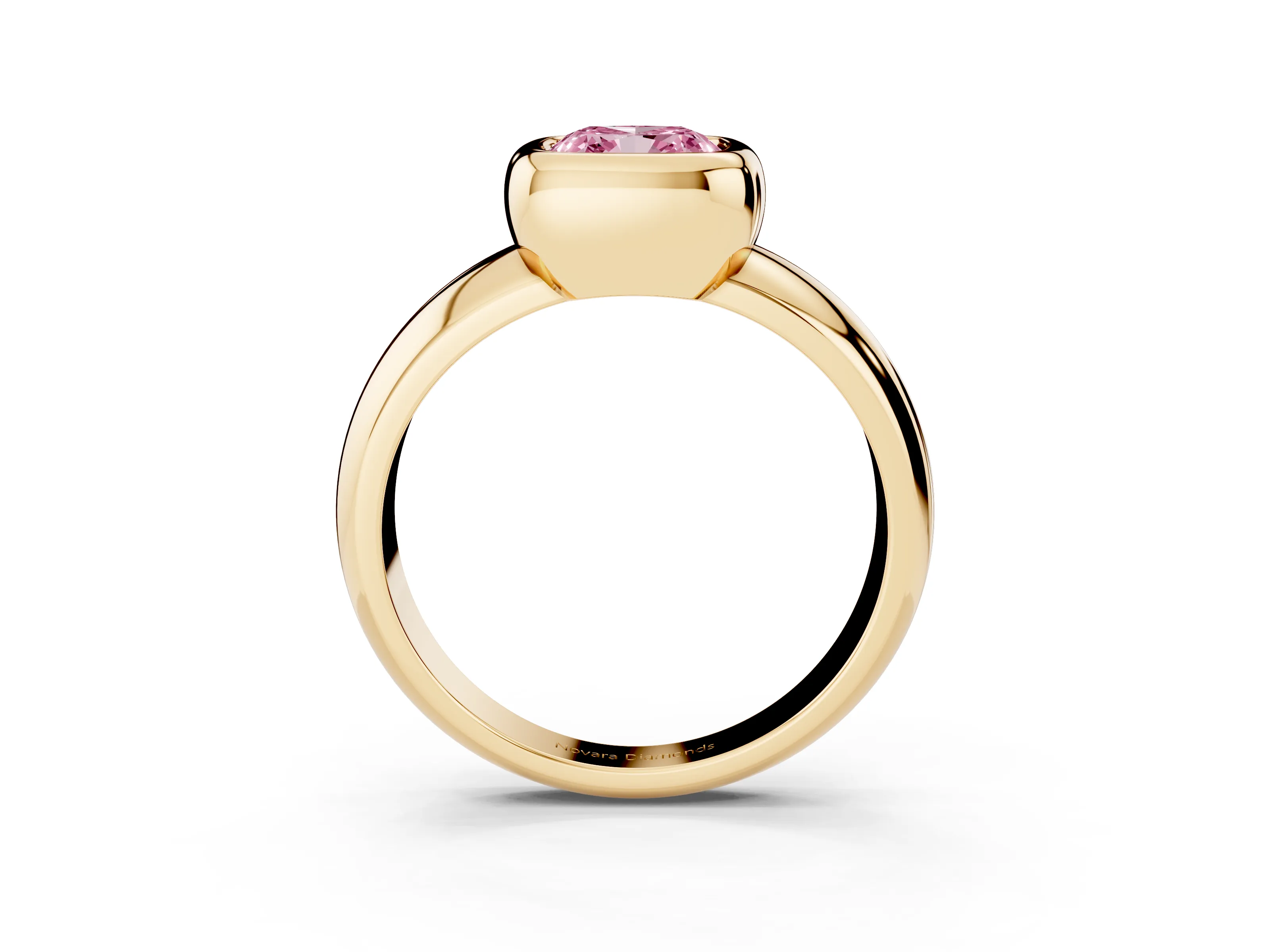 Fancy Pink Bezel Set Cushion Cut Diamond Solitaire Ring Set in Yellow gold with Wide Band