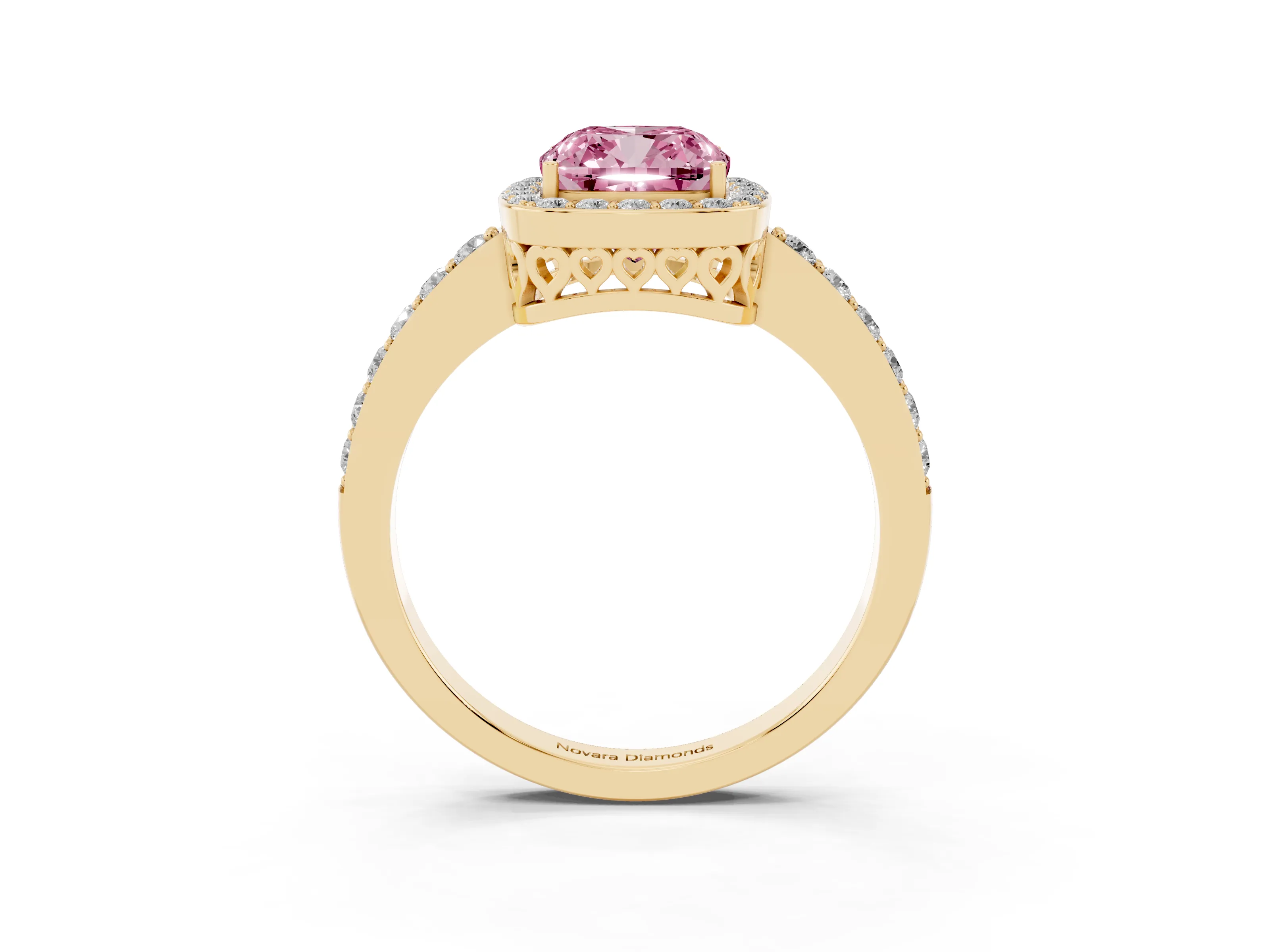 Fancy Pink Cushion Cut Diamond Halo Ring Set in Yellow gold with Pavé-Setting Band and Open Prong Center