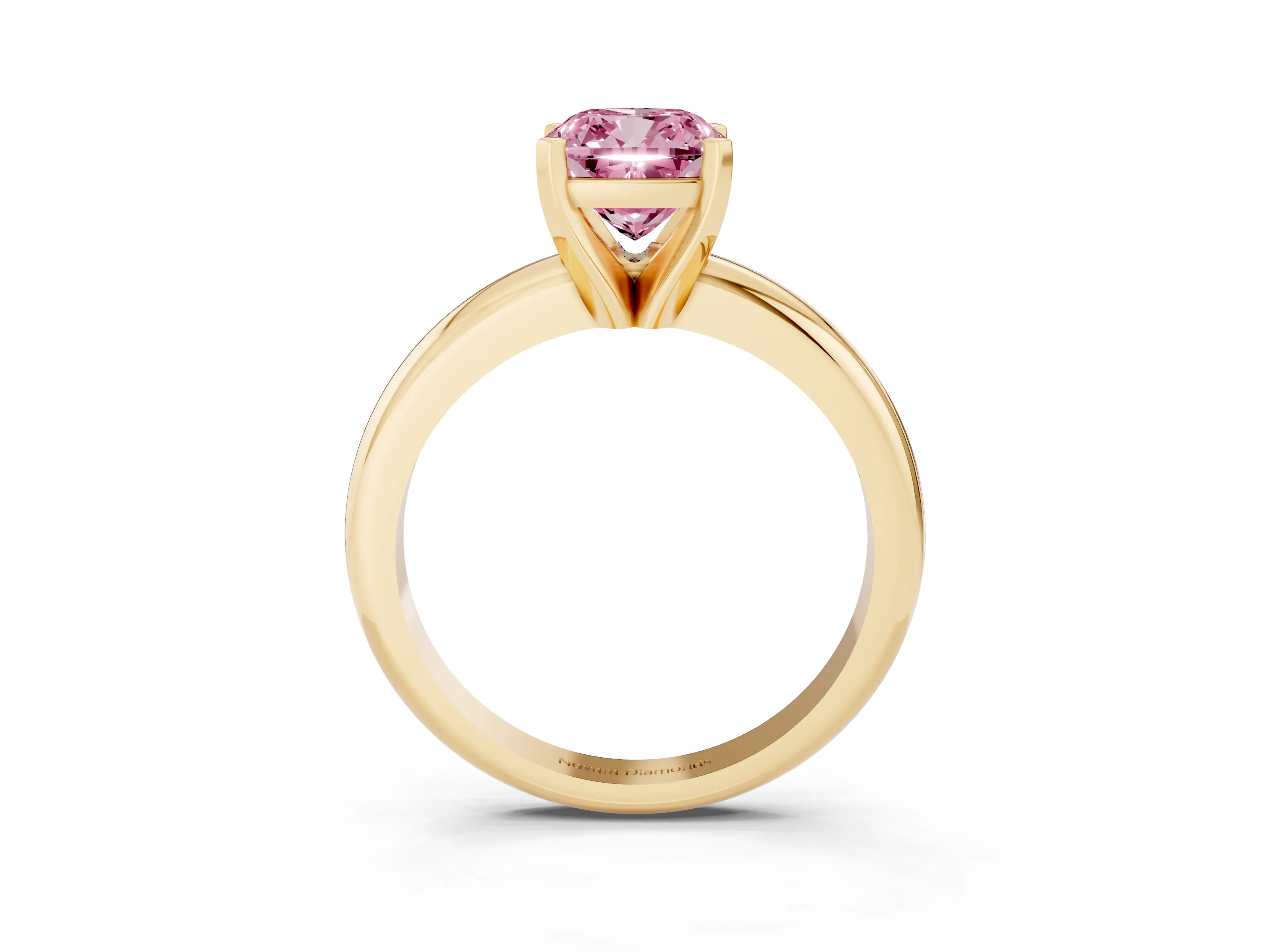 Fancy Pink Cushion Cut Diamond Solitaire Engagement Ring Set in Yellow gold with Round Band and Prong Setting
