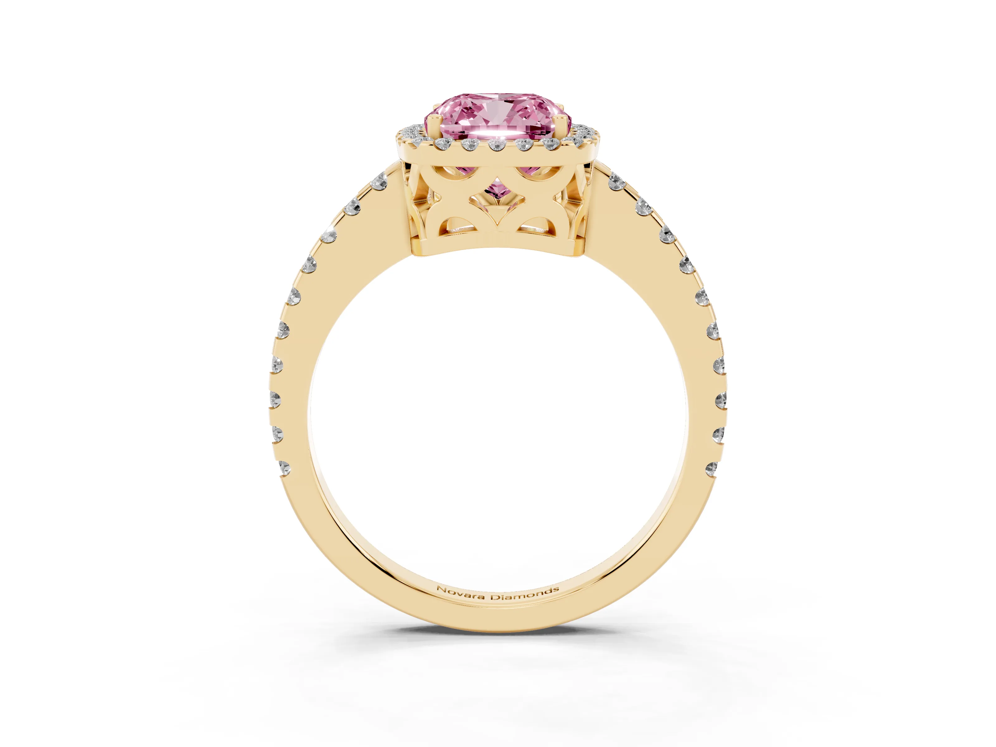 Fancy Pink Cushion Cut Diamond Halo Ring Set in Yellow gold with Pavé Shoulders and Halo-Framed Center