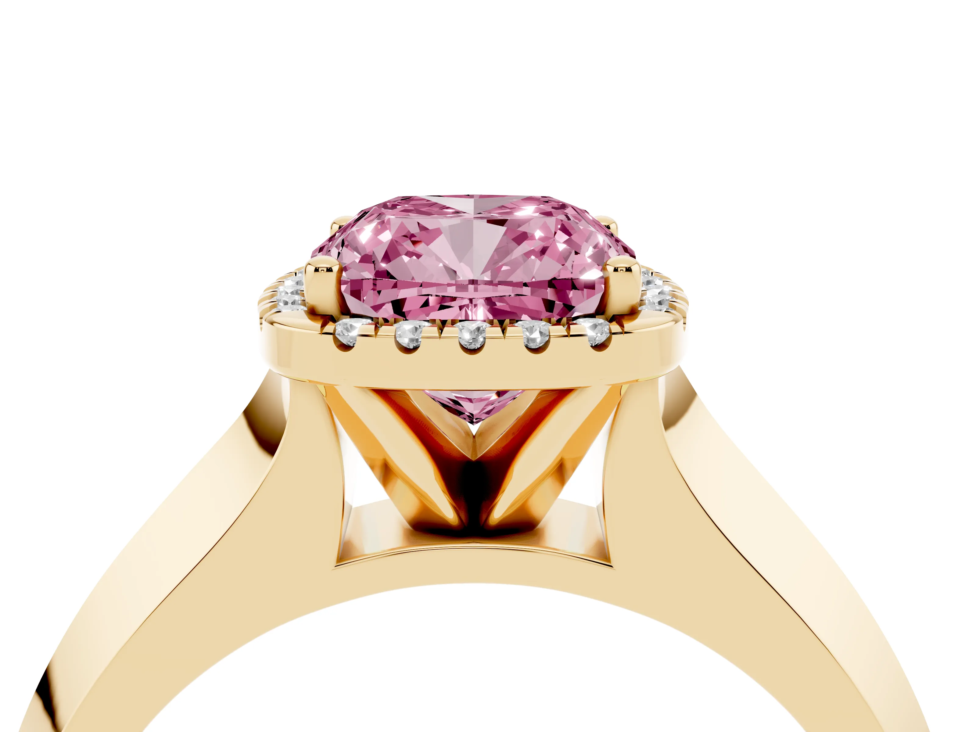 Fancy Pink Cushion Cut Diamond Halo Ring Set in Yellow gold with Cathedral Band and Prong Setting