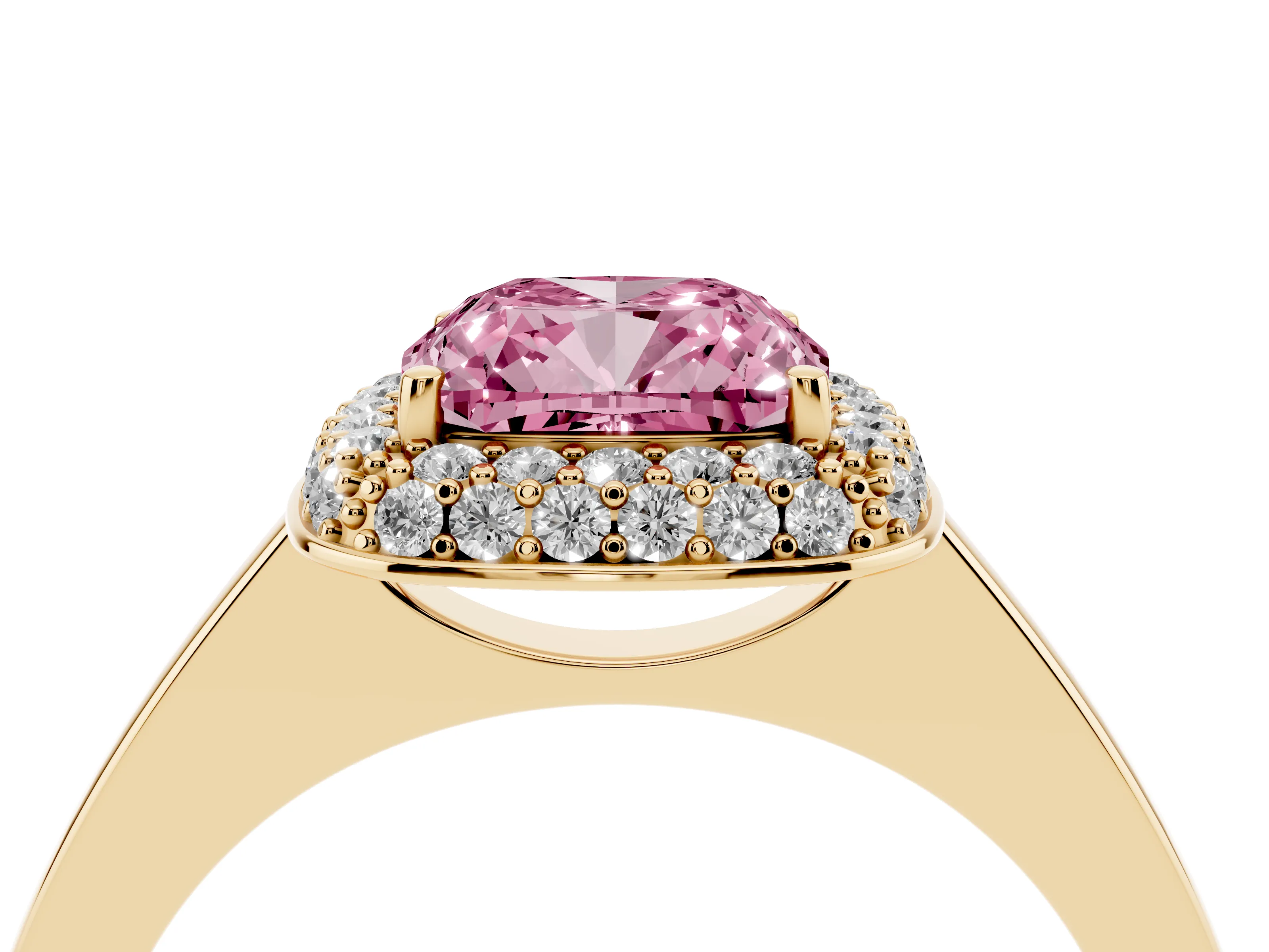 Fancy Pink Cushion Cut Diamond Halo Engagement Ring Set in Yellow gold with Solitaire Band and Prong Setting