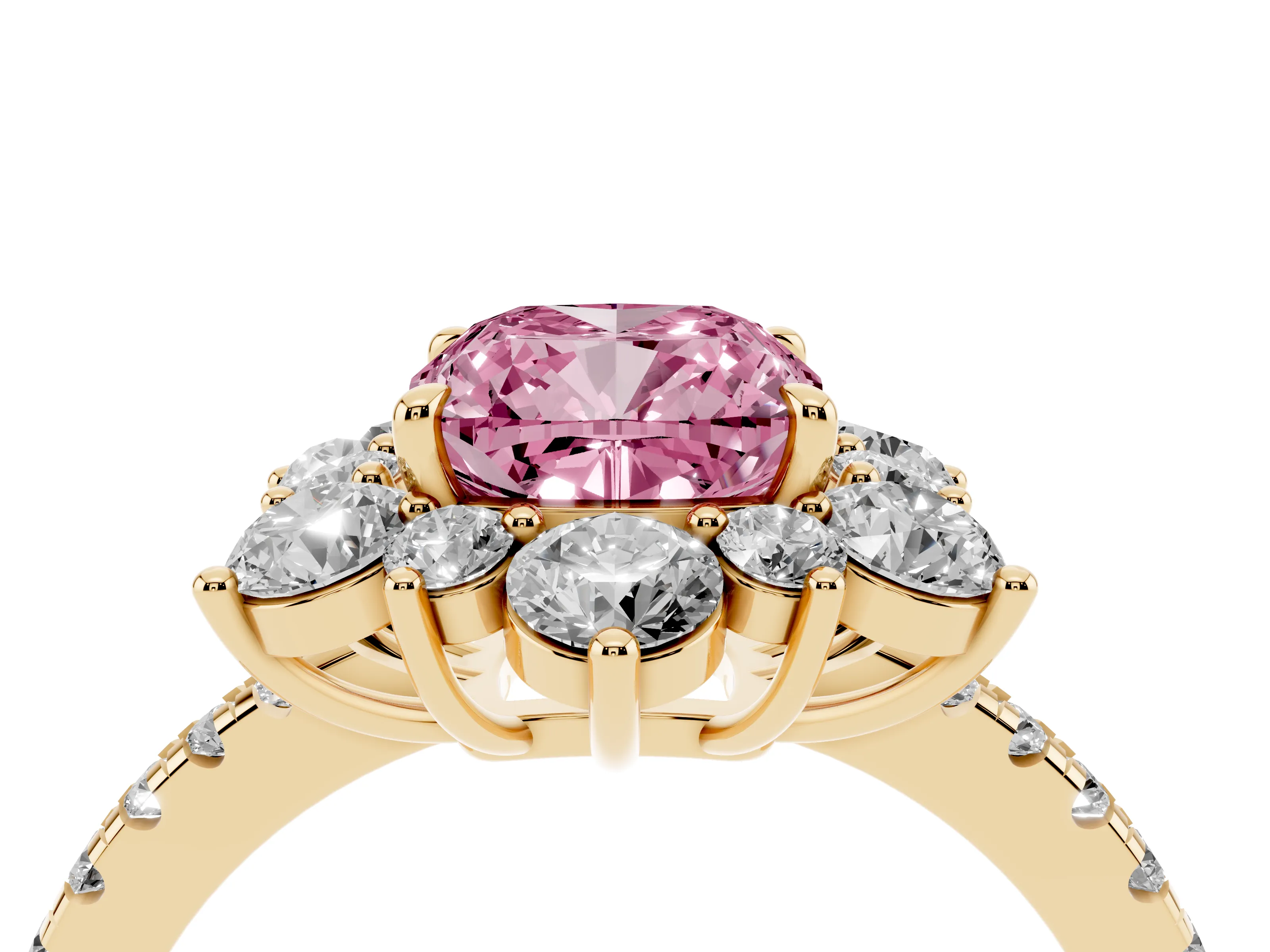 Fancy Pink Cushion Cut Diamond Floral Halo Ring Set in Yellow gold with Round Pavé Band and Prong Setting