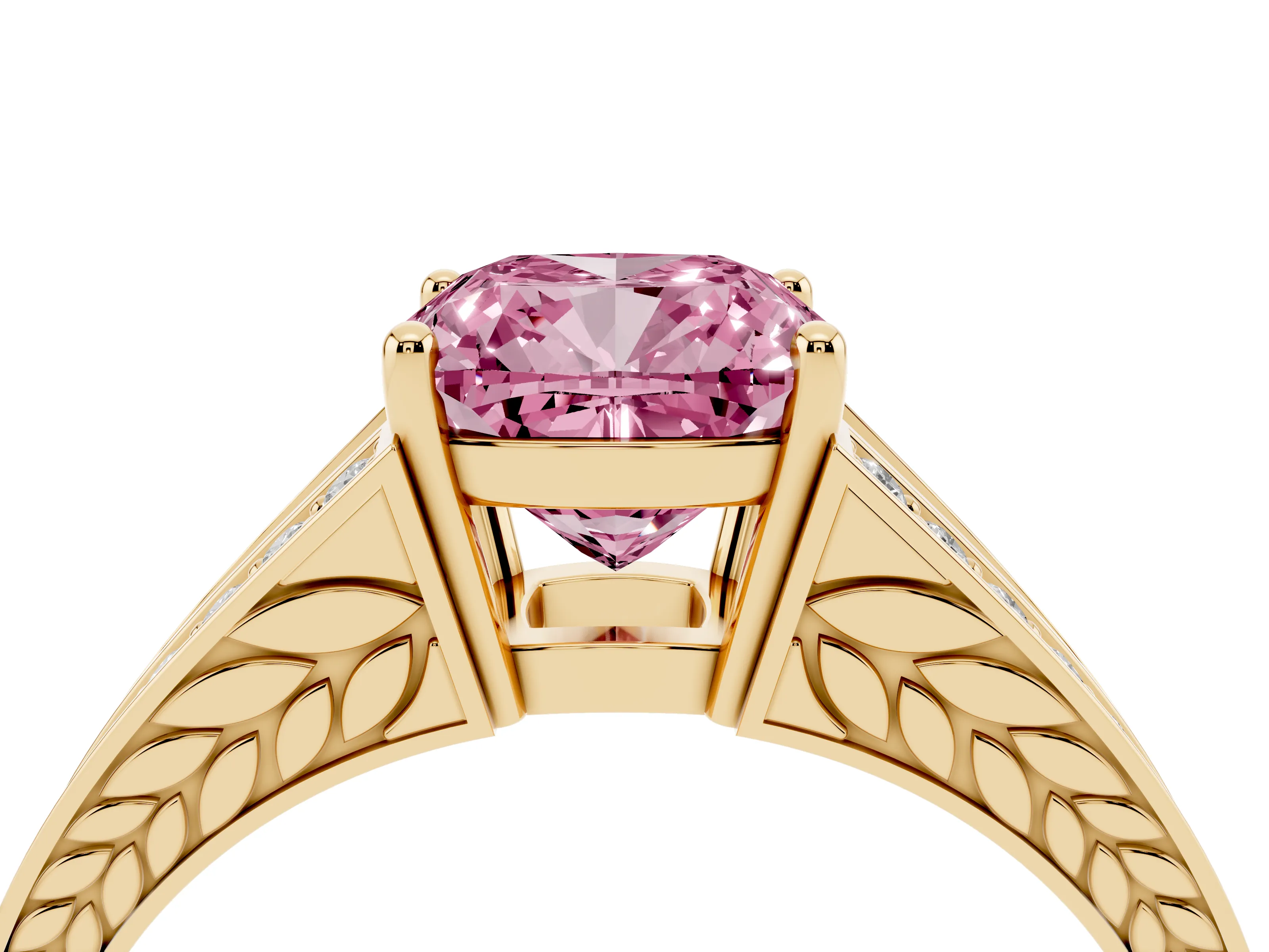 Fancy Pink Cushion Cut Diamond Split Shank Ring Set in Yellow gold with Pavé Band and Prong Setting