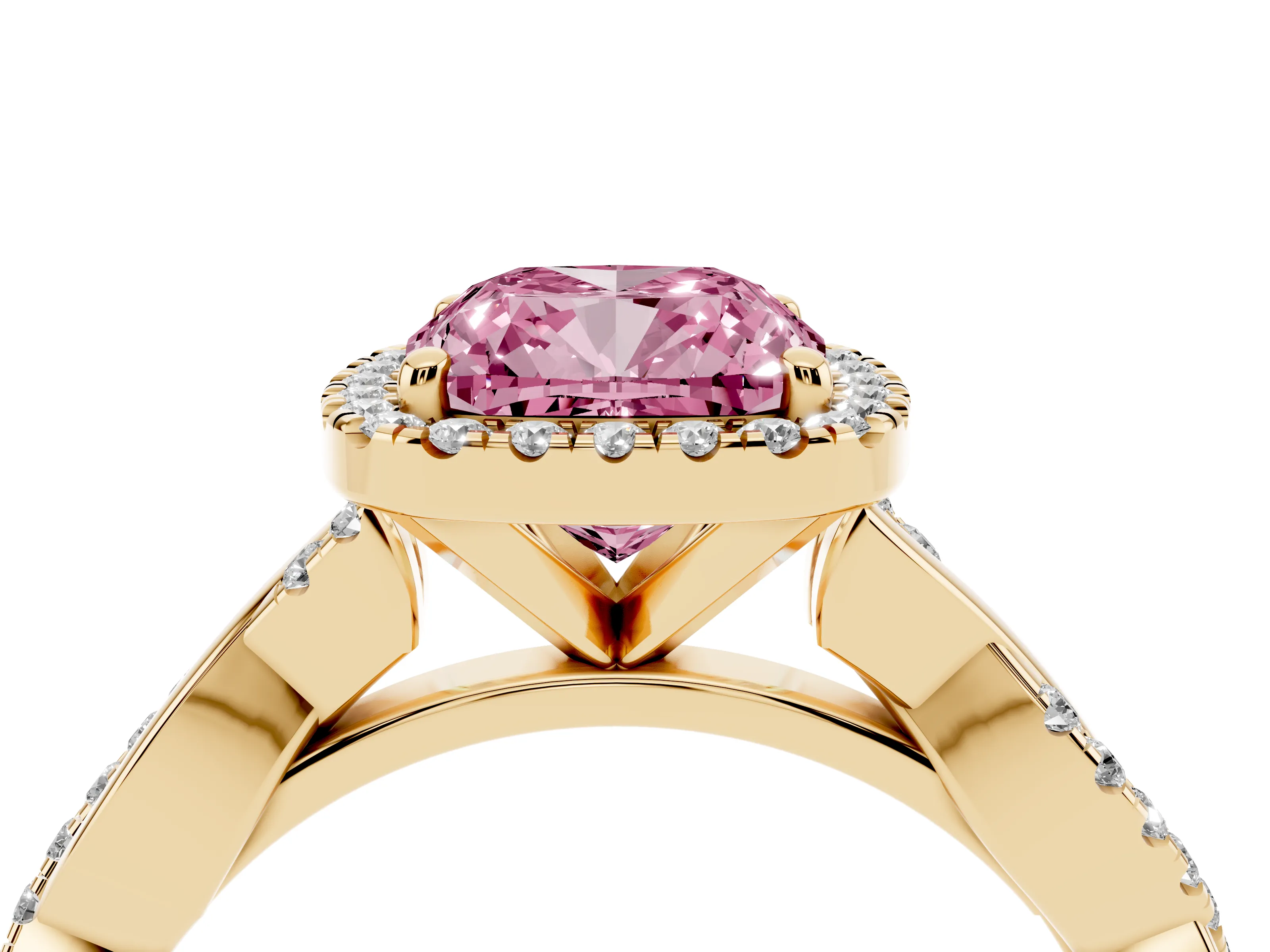 Fancy Pink Cushion Cut Diamond Halo Twisted Band Ring Set in Yellow gold with Prong Setting