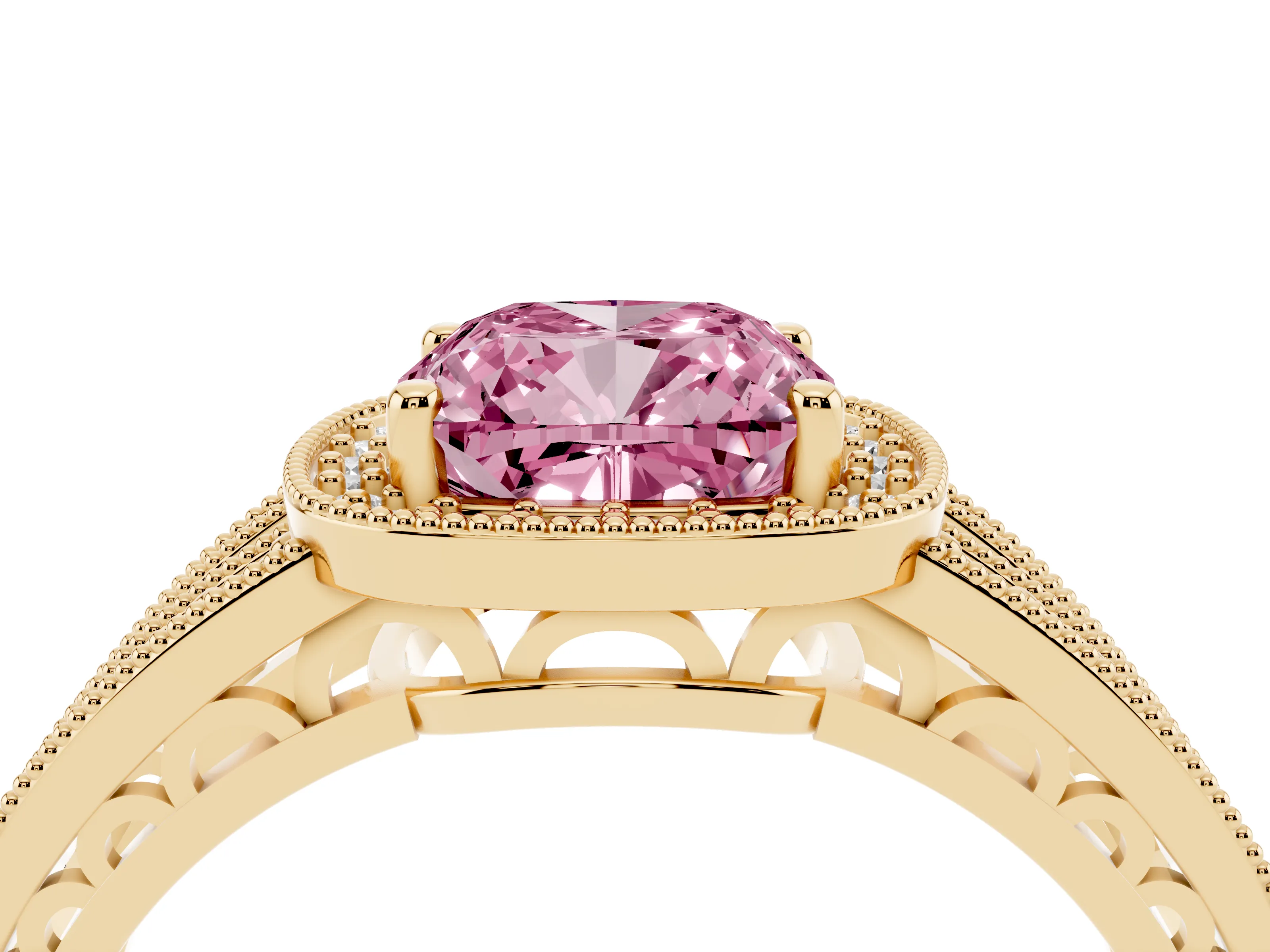 Fancy Pink Cushion Cut Diamond Halo Ring Set in Yellow gold with Accent Split Shank and Prong Setting