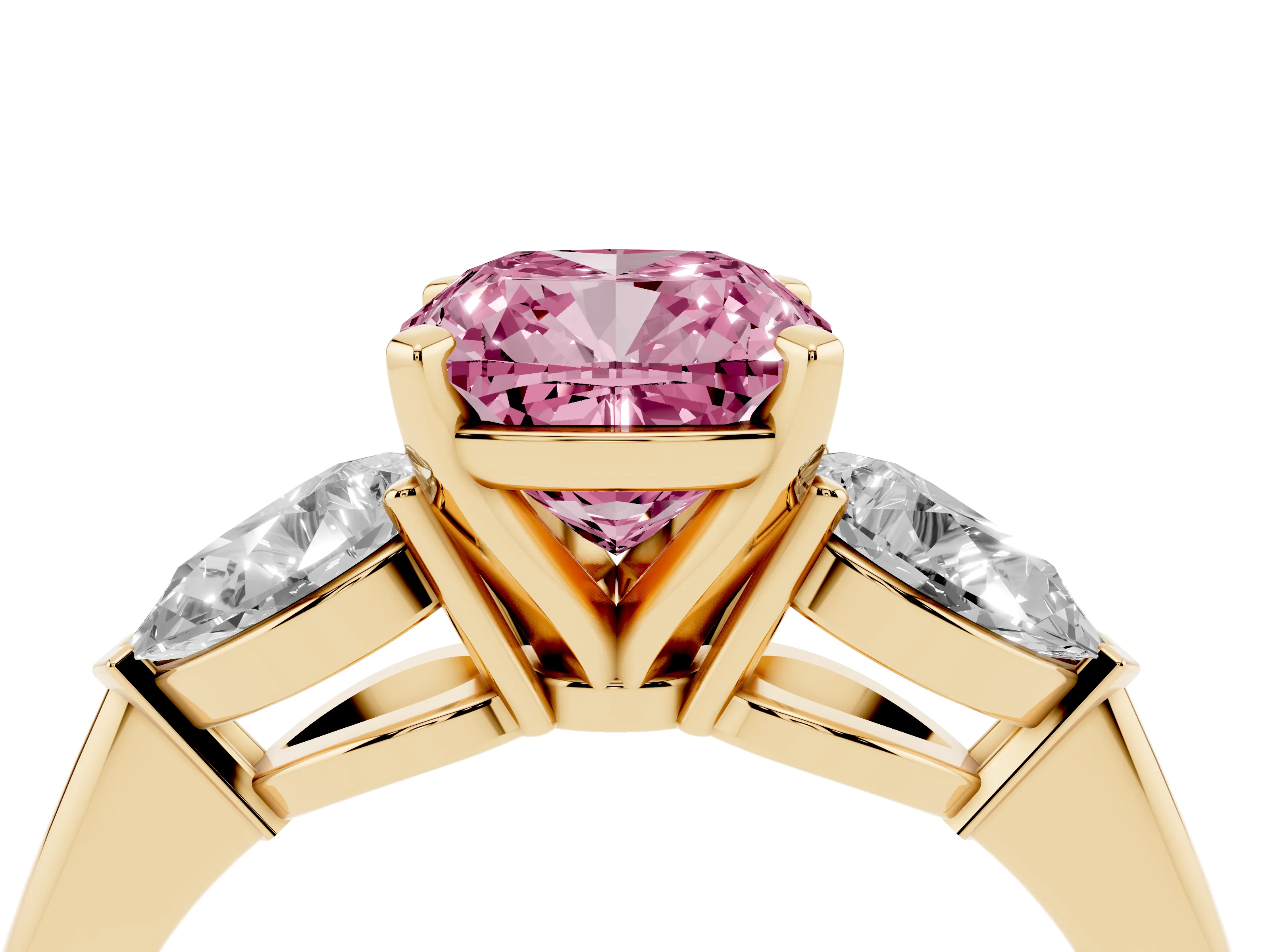 Fancy Pink Three-Stone Cushion Cut Diamond Ring Set in Yellow gold with Pear Side Stones and Prong Setting