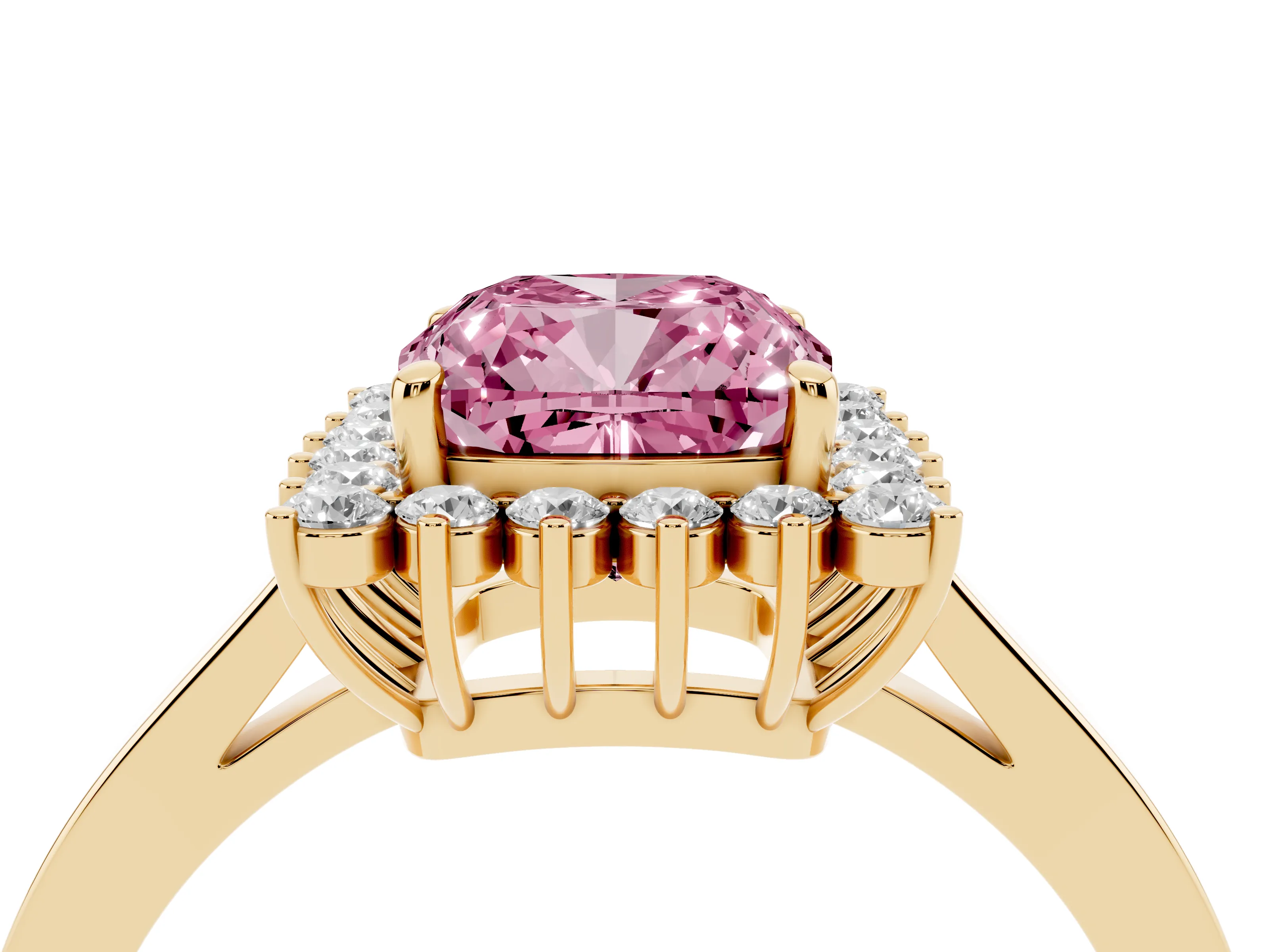 Fancy Pink Cushion Cut Diamond Halo Ring Set in Yellow gold with Round Halo and Smooth Solitaire Band