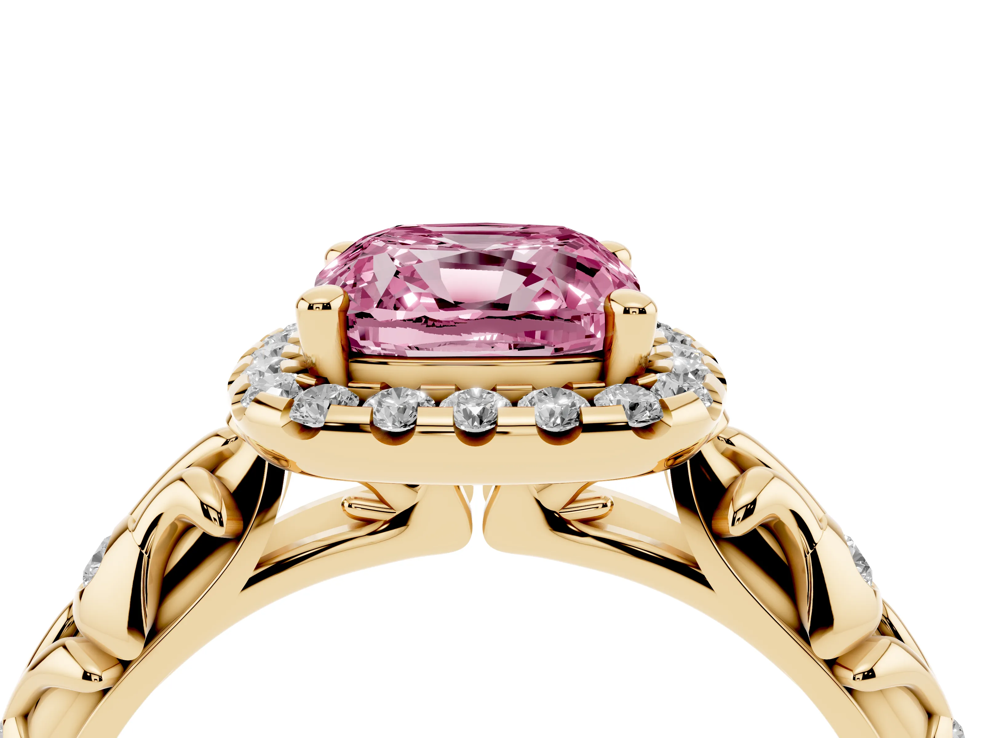 Fancy Pink Cushion Cut Diamond Halo Ring Set in Yellow gold with Filigree Leaf Band and Prong Setting