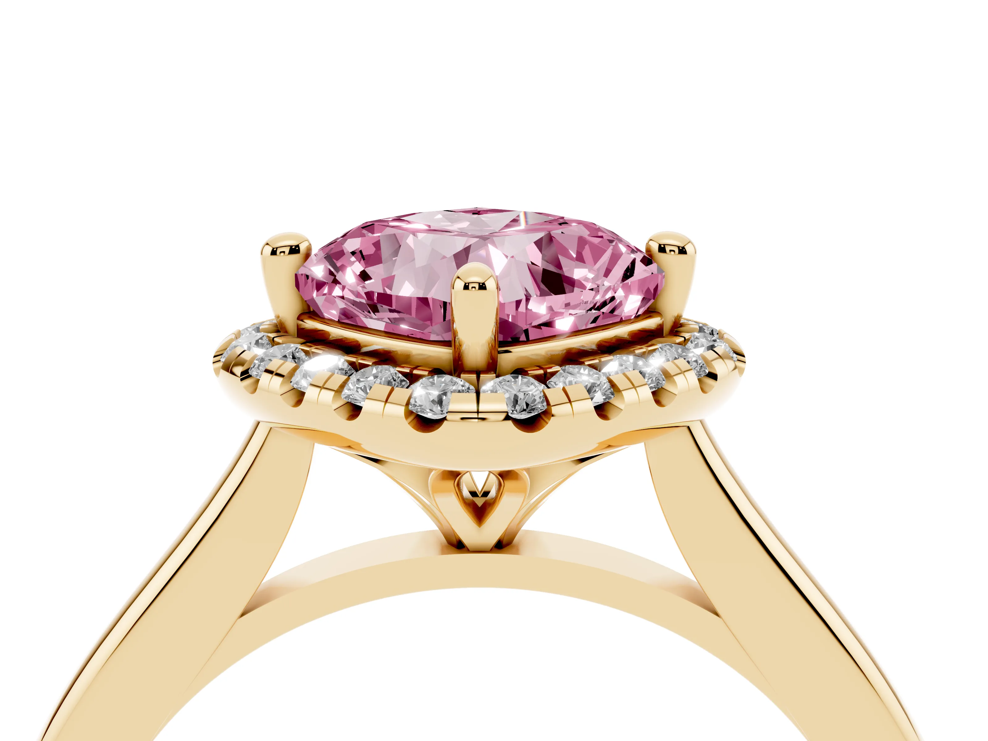 Fancy Pink Cushion Cut Diamond Halo Engagement Ring Set in Yellow gold with Pavé Band and Rising Shoulders